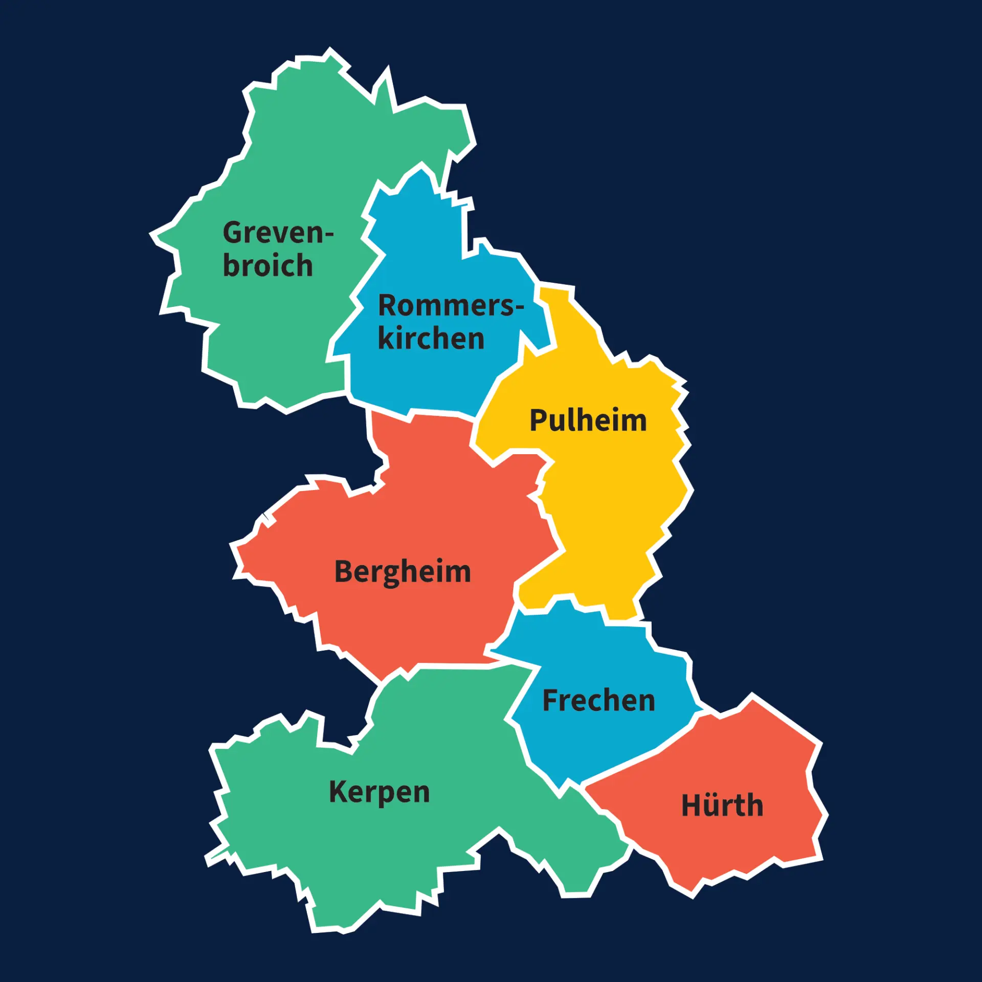 Bunte Landkarte des Einzugsgebiets: Gezeigt werden die angrenzenden Regionen Grevenbroich, Rommerskirchen, Pulheim, Bergheim, Frechen, Kerpen und Hürth auf dunklem Hintergrund.