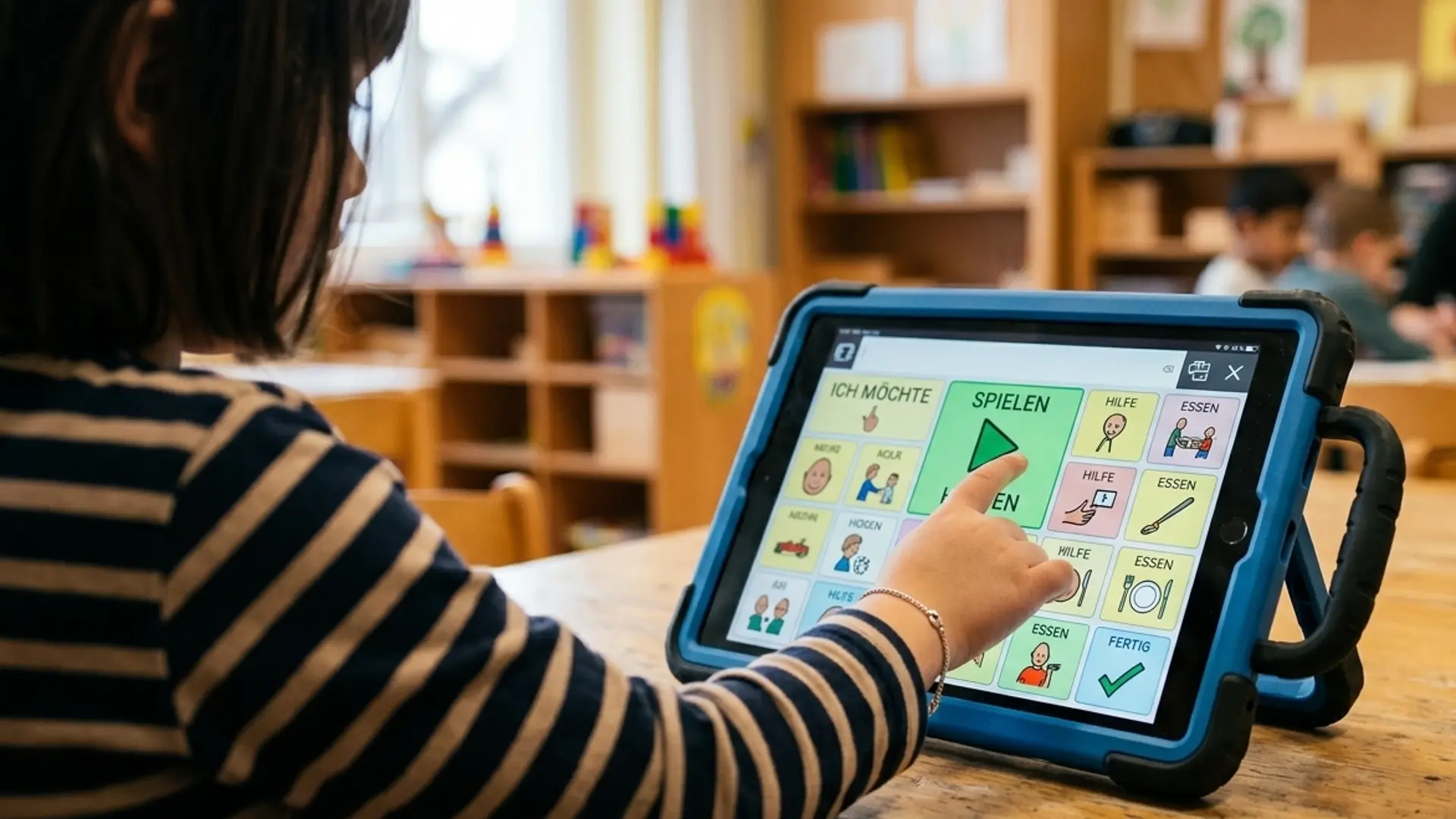 Ein Kind bedient in einem Klassenzimmer einen Talker. Die Hand tippt auf ein buntes Symbolfeld zur unterstützten Kommunikation.