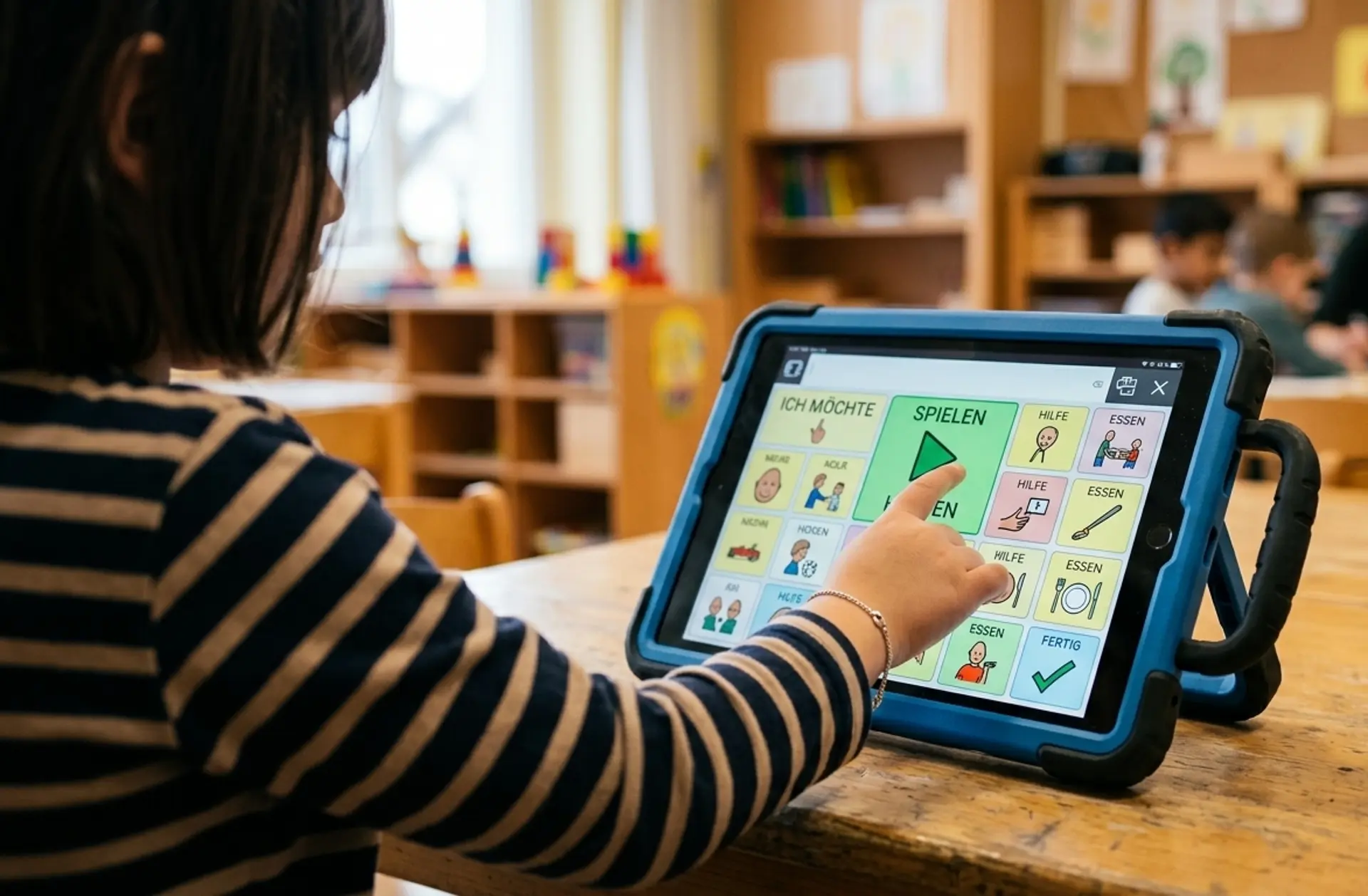 Ein Kind bedient in einem Klassenzimmer einen Talker. Die Hand tippt auf ein buntes Symbolfeld zur unterstützten Kommunikation.