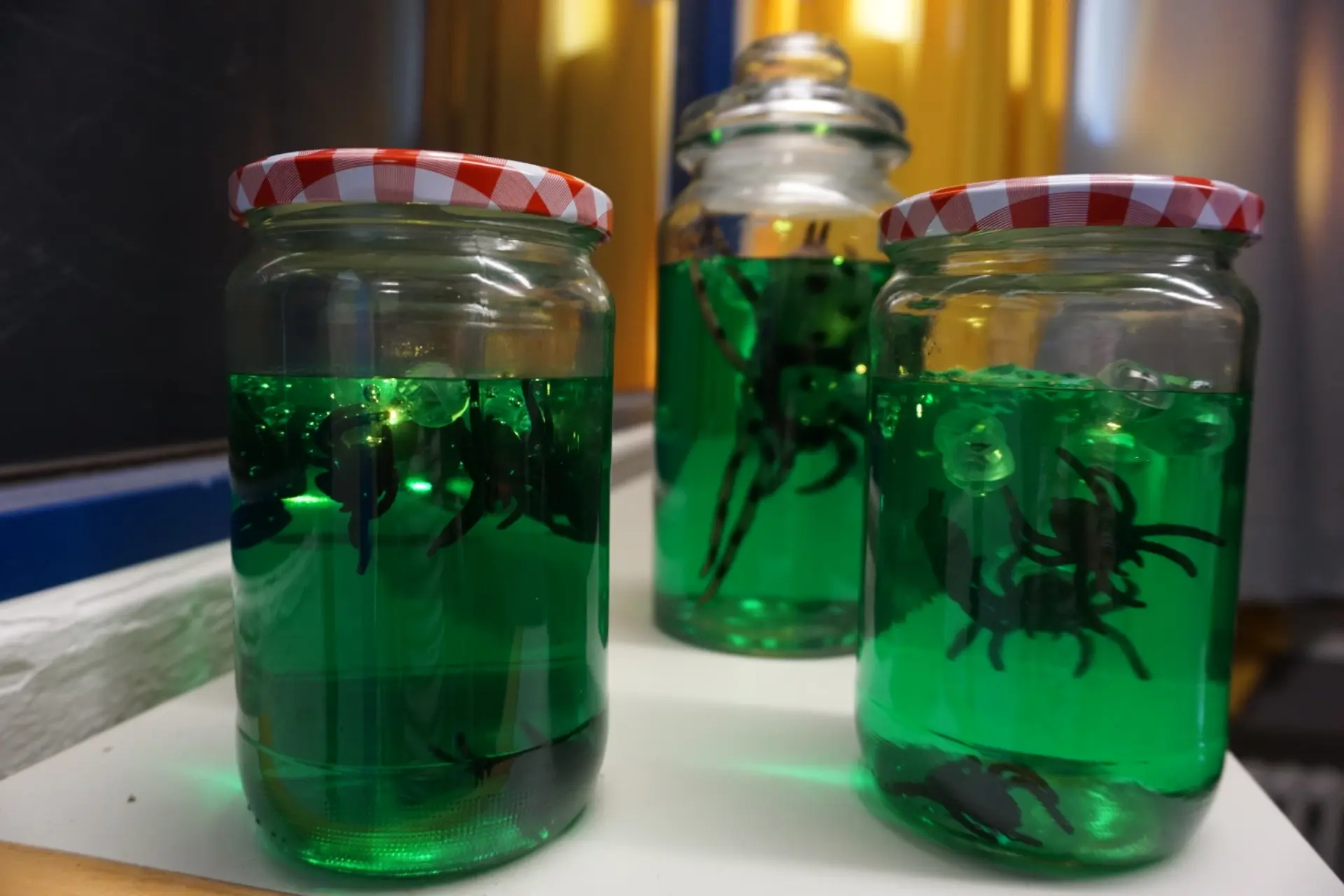 In der Projektwoche hergestellte Einmachgläser mit Gummispinnen in grüner Flüssigkeit für den Tag der offenen Tür