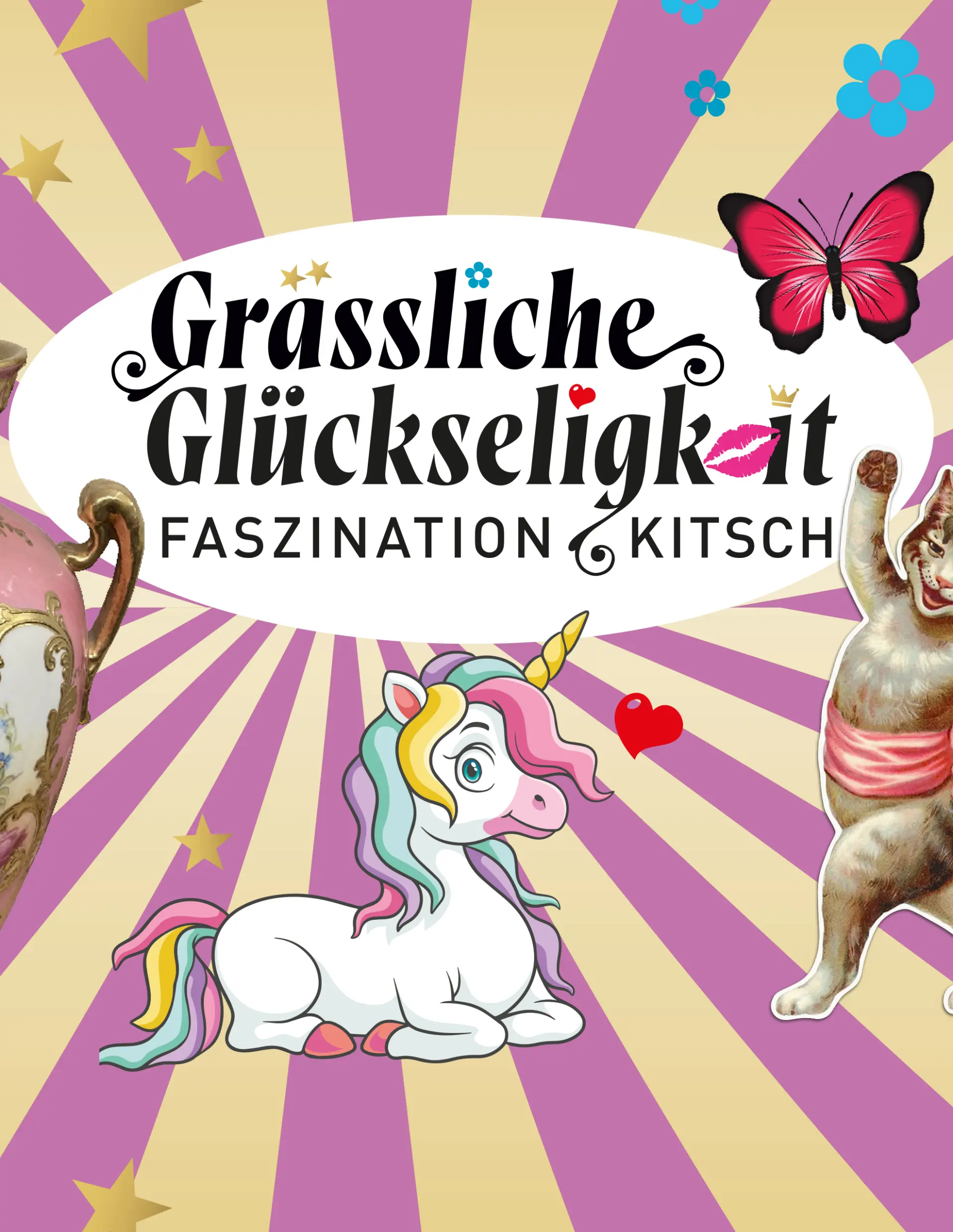 Plakat zur Ausstellung in Pin kund Hellgelb mit Strahlen und kitschigen Objekten