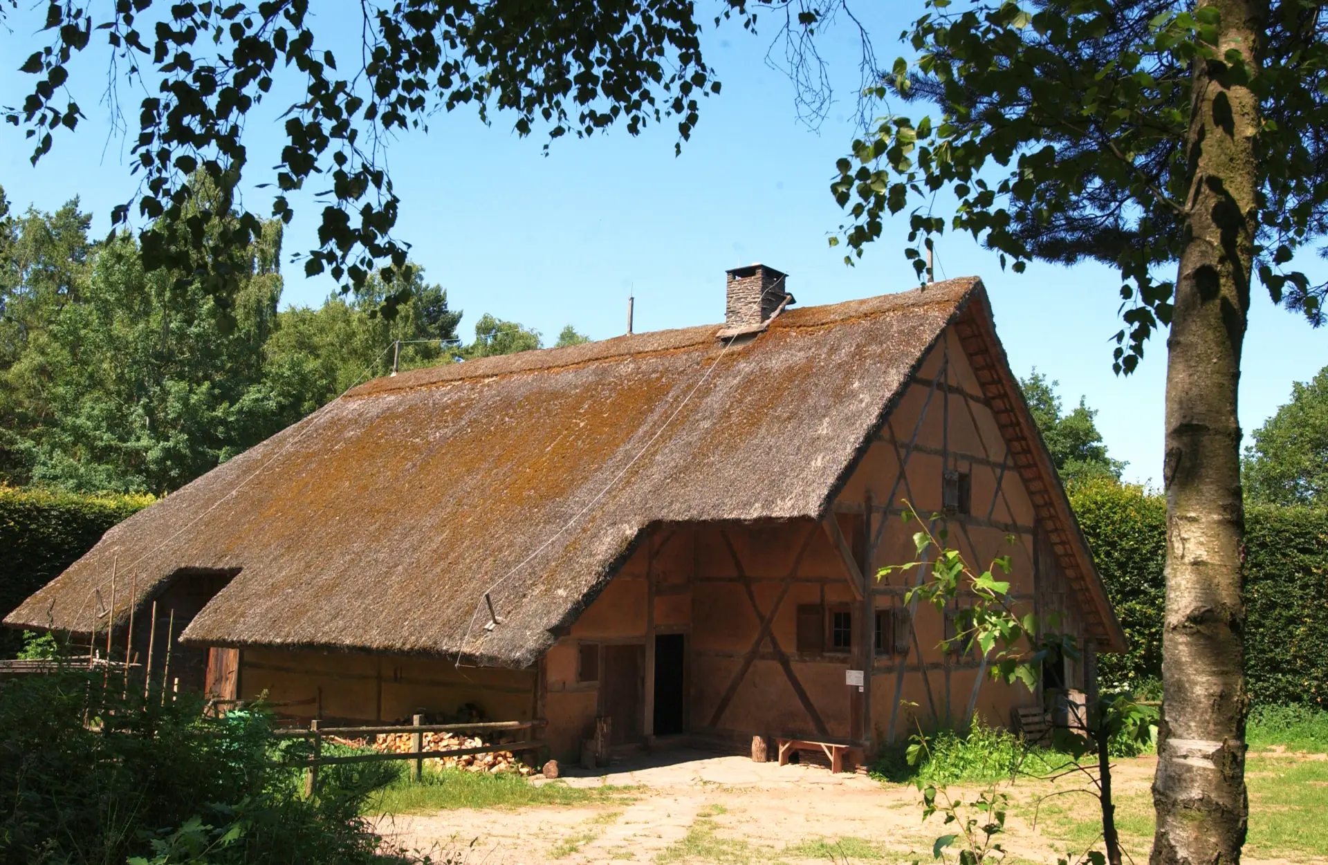 Das Foto zeigt ein Fachwerkhaus, bei dem das Reetdach fast bis auf den Boden reicht. 