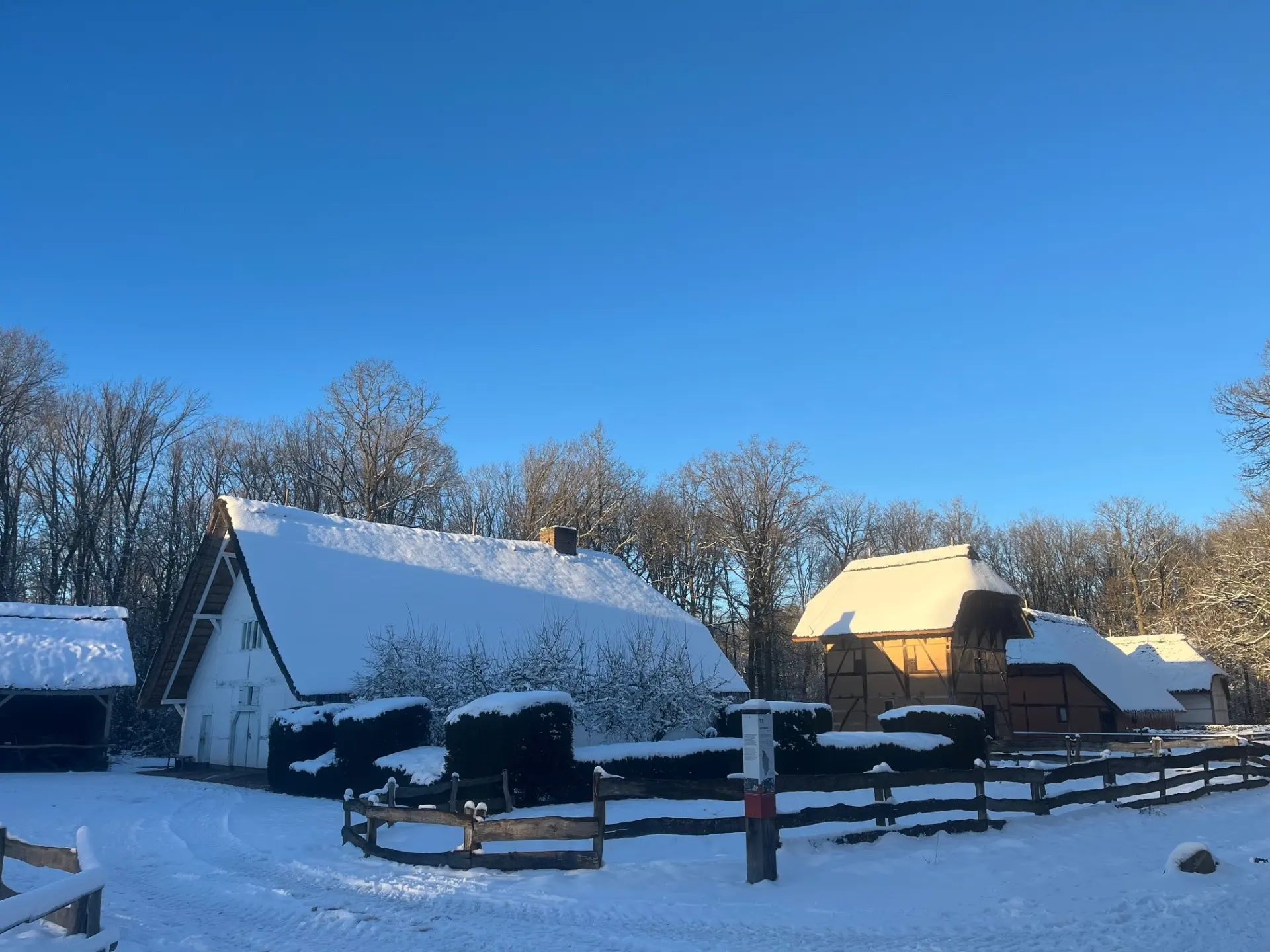 Schneebedeckte Fachwerkhäuser mit schneebedecktem Zaun und kahlen Bäumen unter klarem blauem Himmel