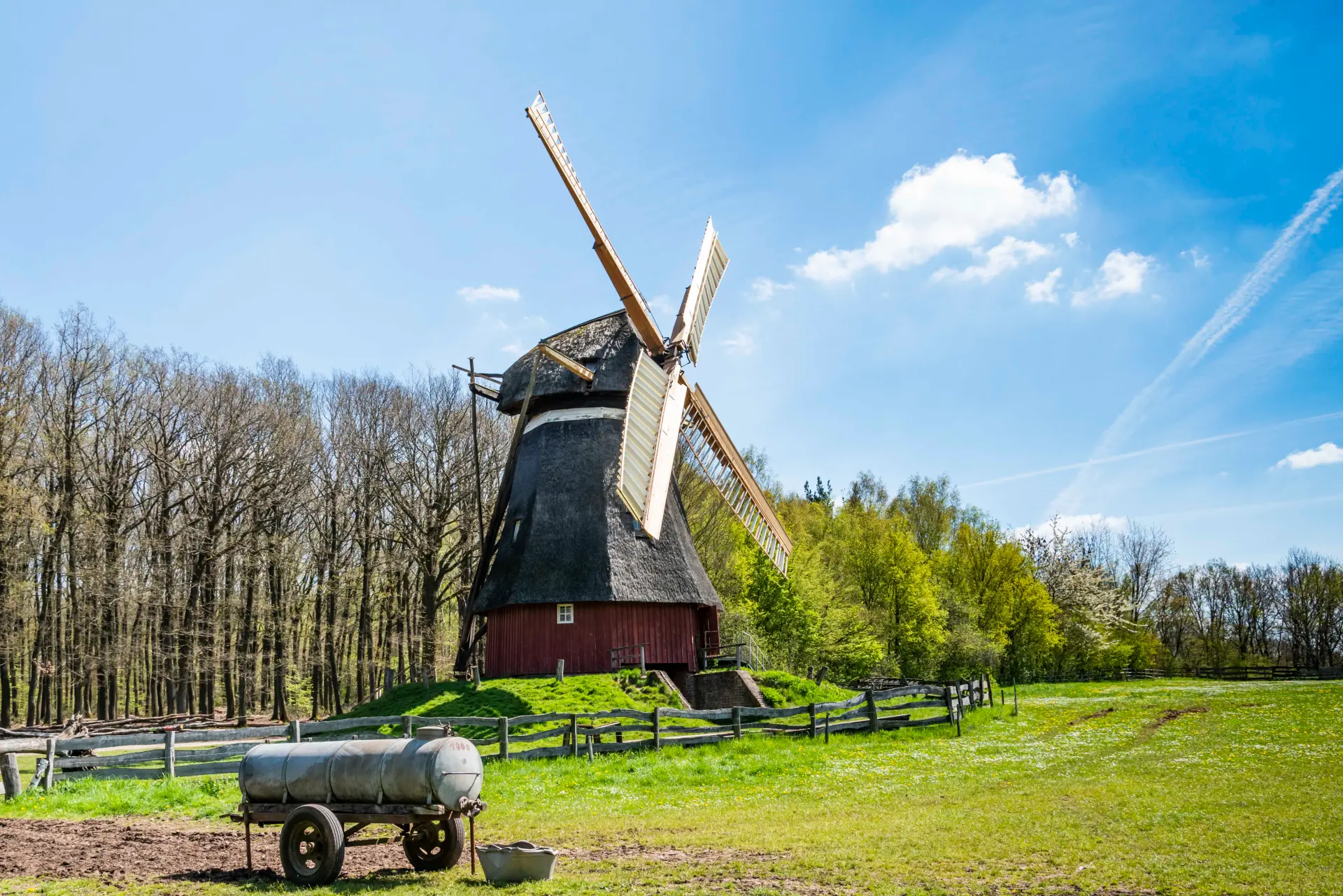 Windmühle auf einer grünen Wiese vor einem Wald unter blauem Himmel mit Wolken.