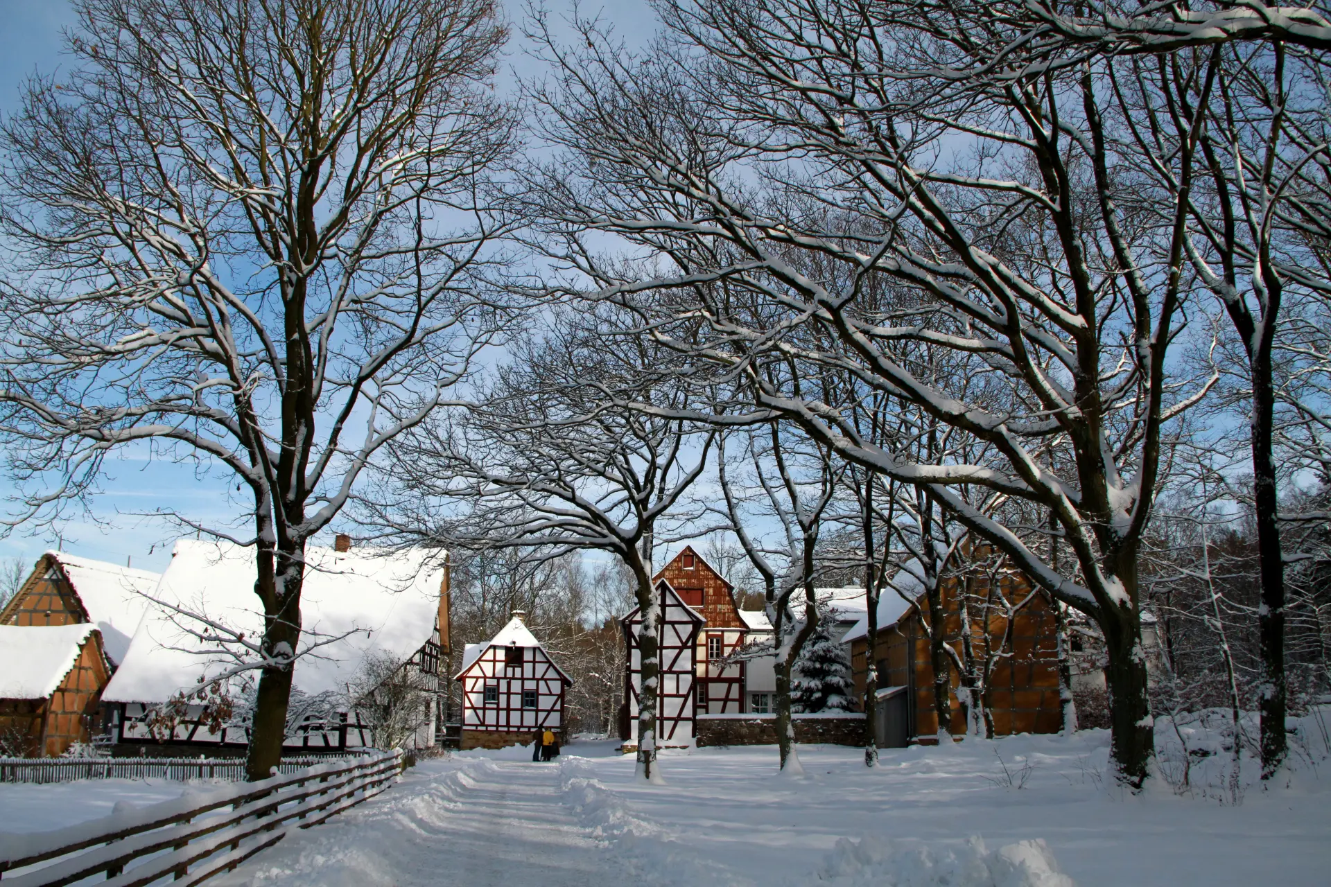Das Foto zeigt eine Winterlandschaft, in der ein Weg zu einem Fachwerkdorf freigelegt ist. Im Vordergrund stehen links und rechts des Weges Bäume.