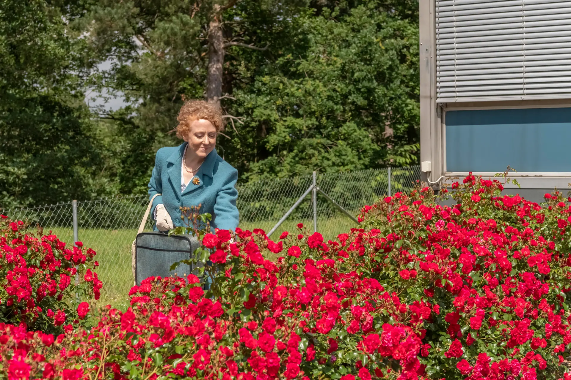 Eine Frau in blauem Anzug im Garten mit vielen Rosenbüschen.