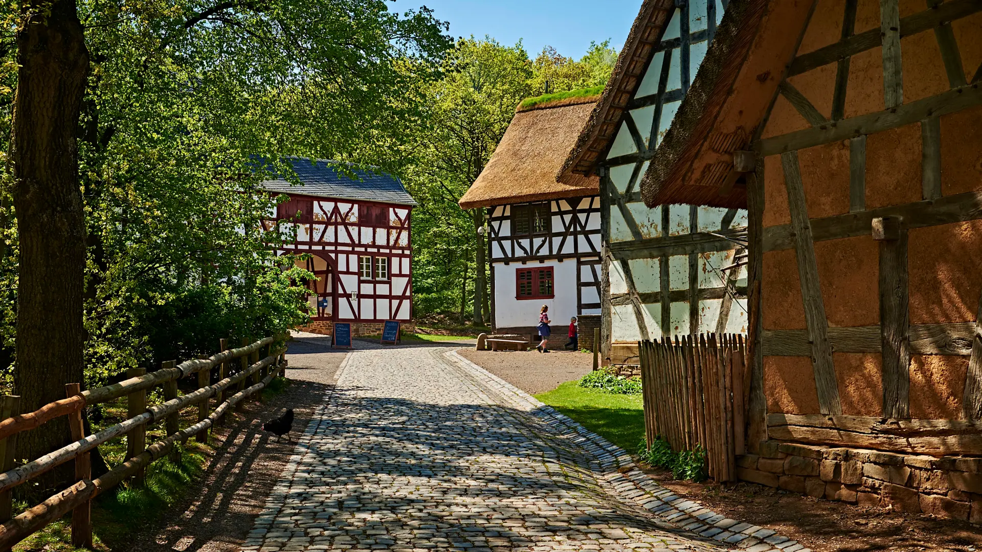 Zu sehen sind Fachwerkhäuser in der Baugruppe Westerwald, auf der linken Seite sind Bäume.
