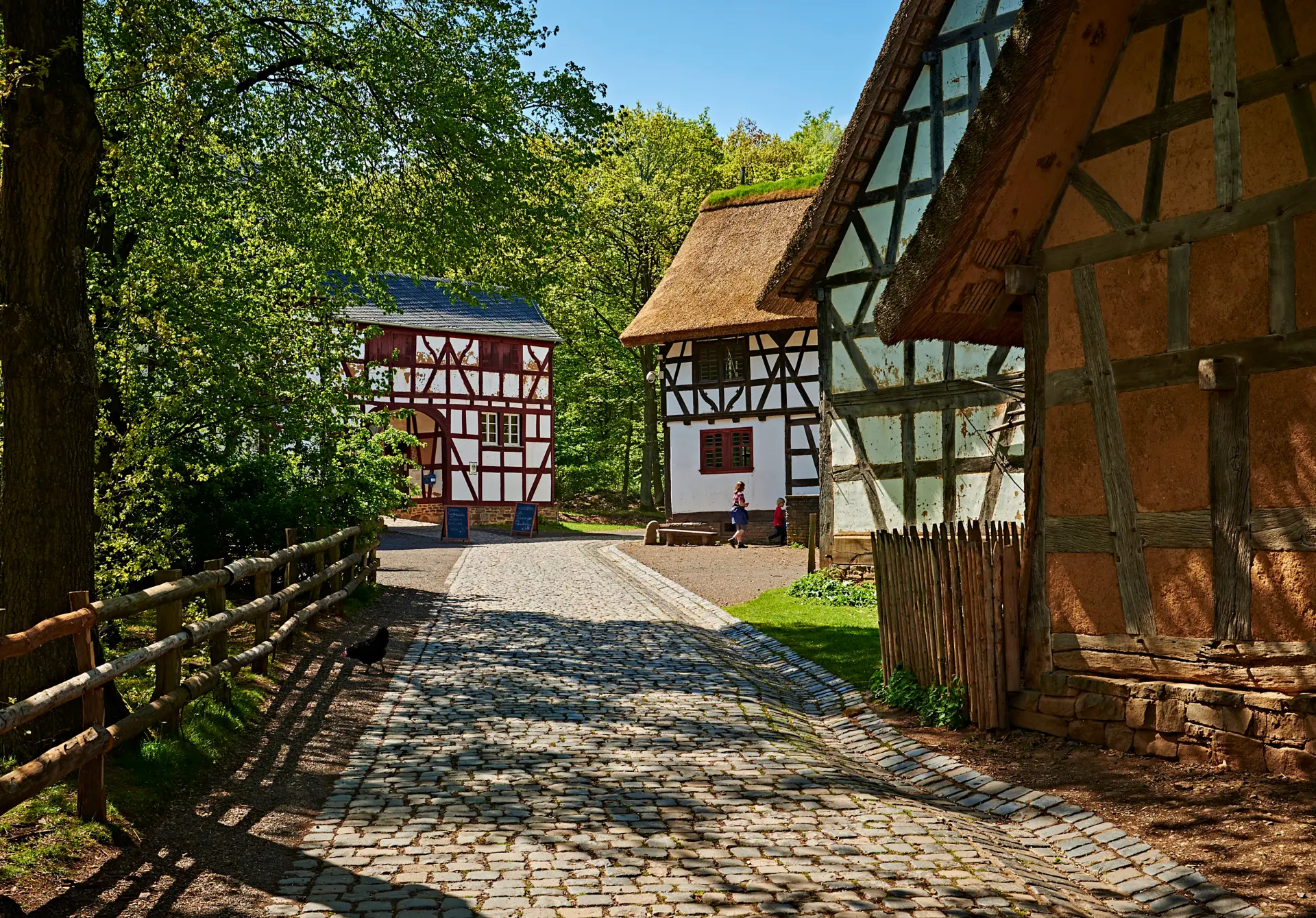 Zu sehen sind Fachwerkhäuser in der Baugruppe Westerwald, auf der linken Seite sind Bäume.