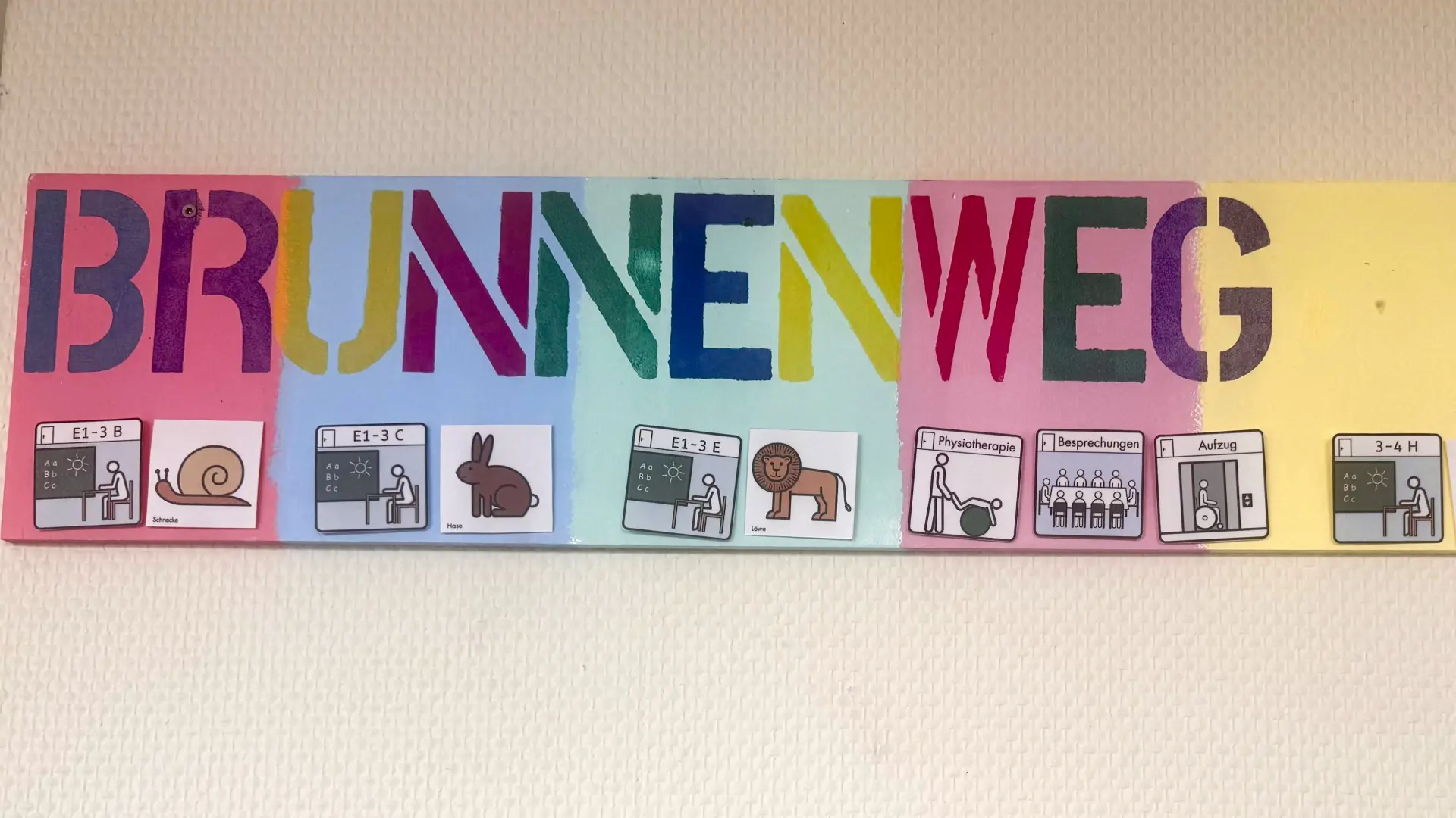 Bunter Schriftzug 'Brunnenweg' mit verschiedenen Metacom-Symbolkarten darunten