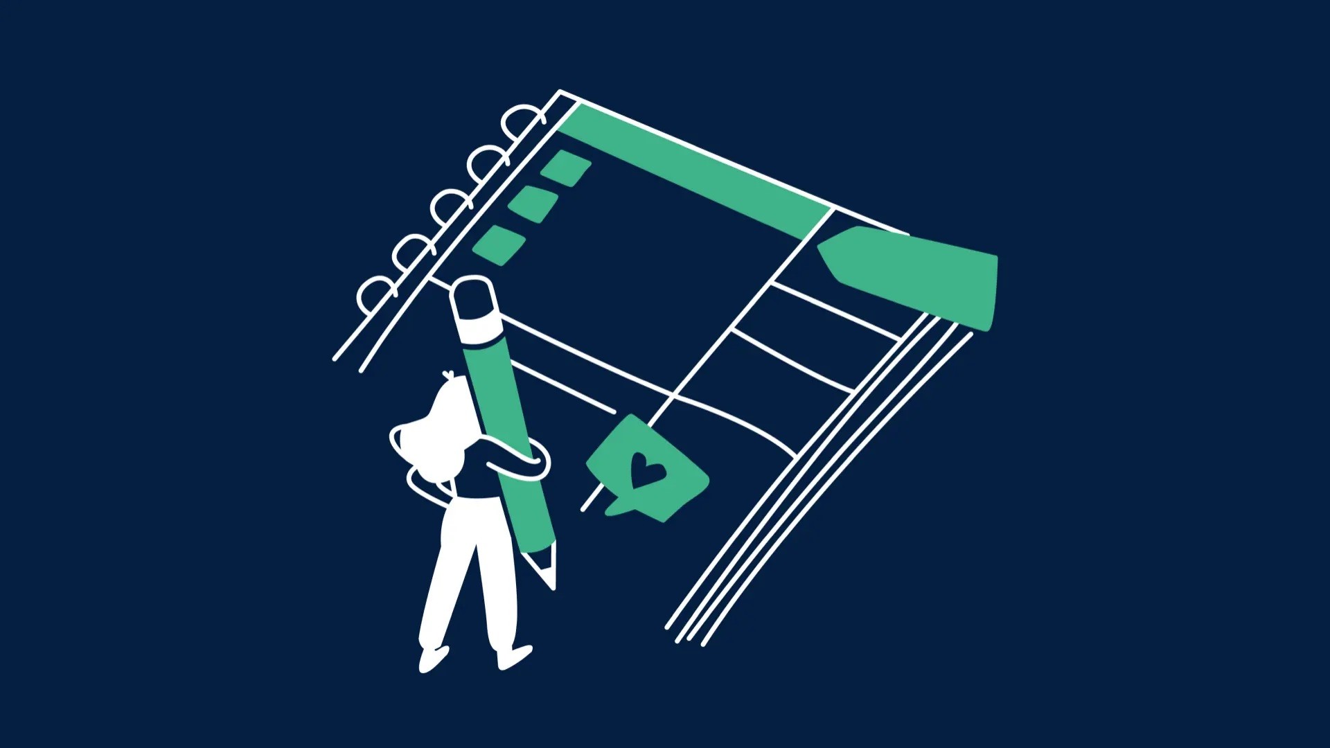 Illustration einer kleinen Frau, die mit einem überdimensional großen Stift auf einen großen Block schreibt