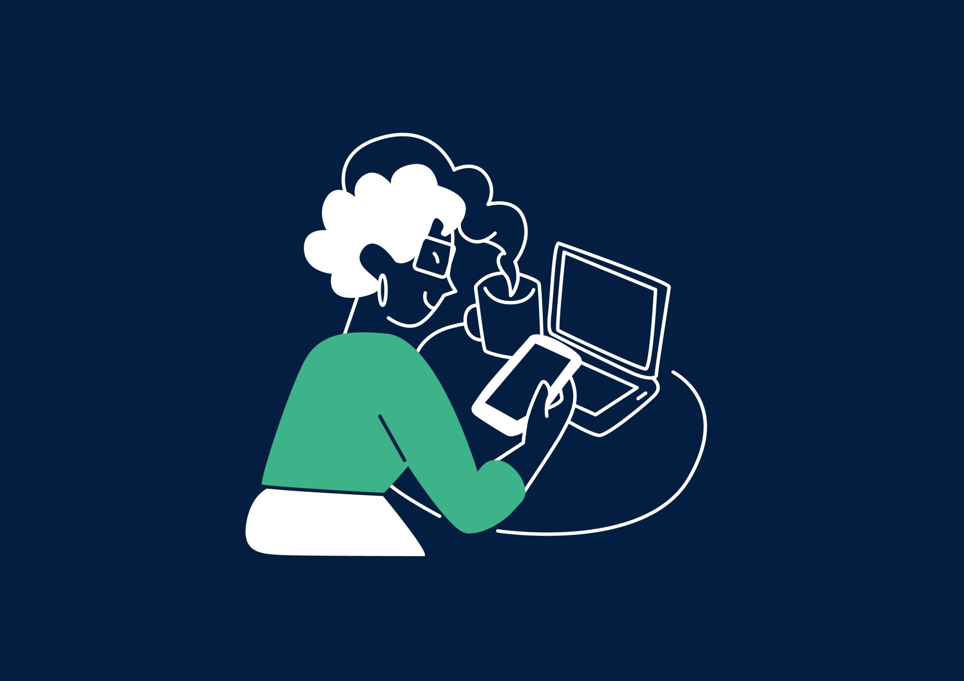 Illustration einer Frau vor einem Bildschirm, in der Hand hält sie ein Handy.