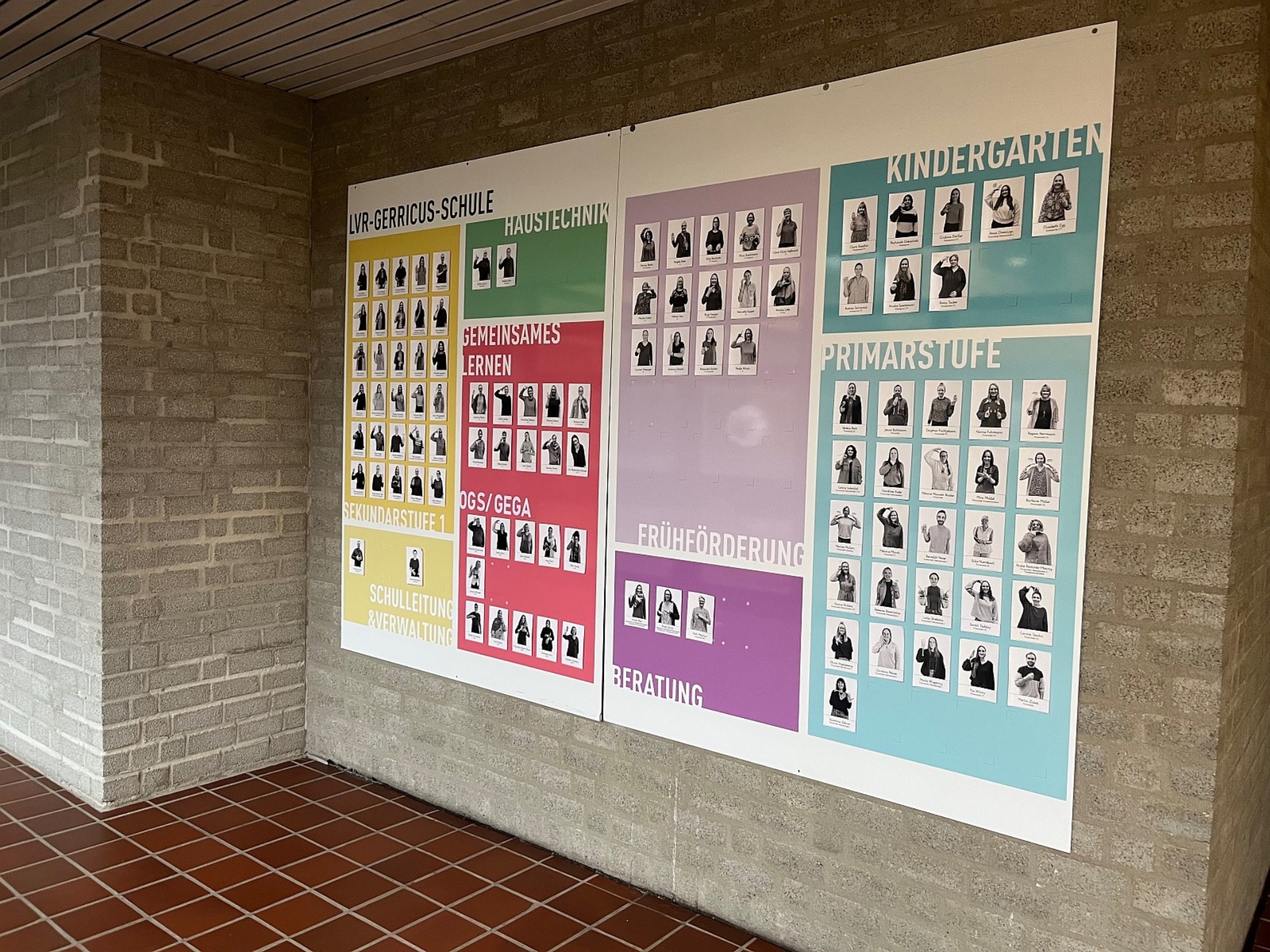 An einer grau gemauerten Wand hängt eine große Tafel mit vielen Fotos des Kollegiums der LVR-Gerricus-Schule. Auf den Fotos sind die Personen zu sehen, wie sie ihre Namensgebärde zeigen.