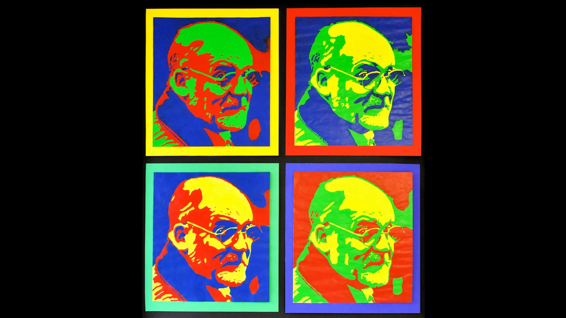 Foto von Schüler-Kunstwerk von Popart-Porträts von Hanns Dieter Hüsch