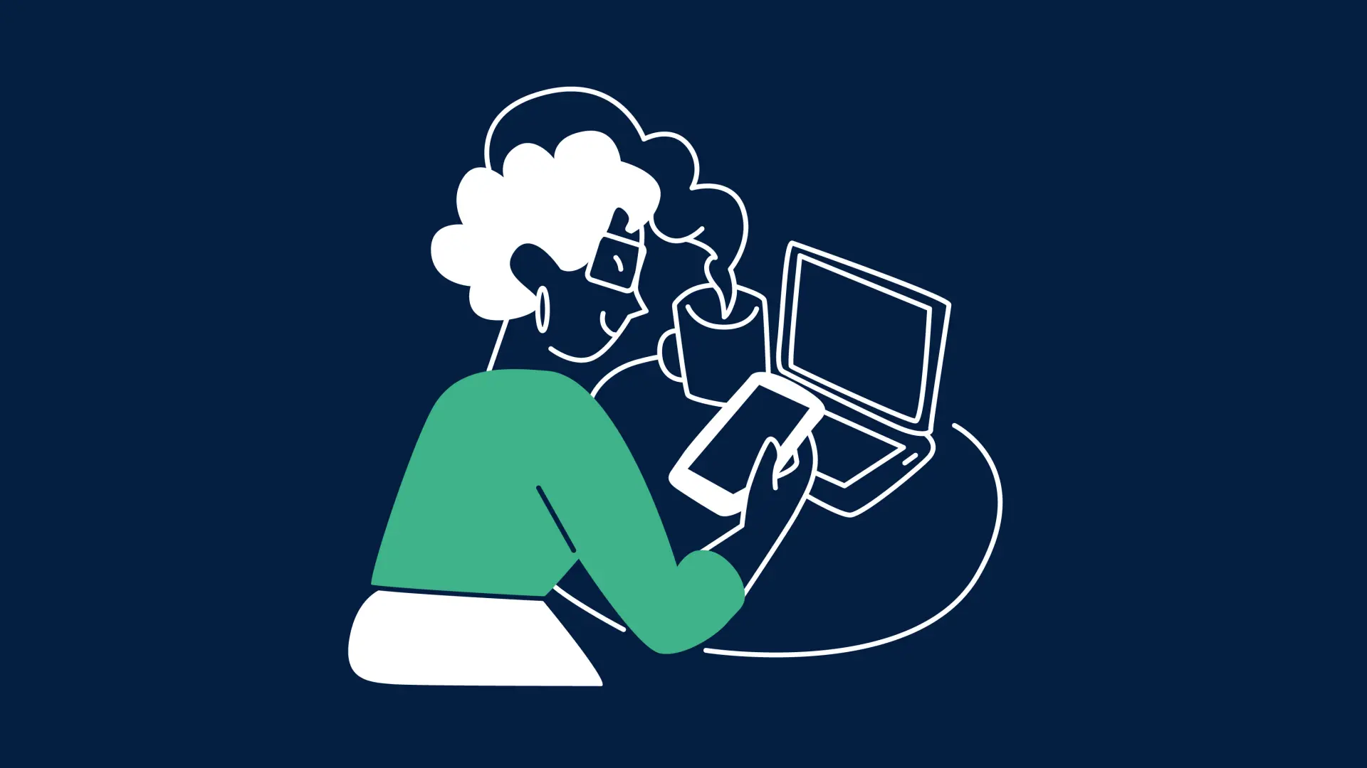 Eine Illustration von einer lächelnden Frau, die am Schreibtisch sitzt und auf ihr Smartphone schaut. Am Schreibtisch vor ihr sind noch ein aufgeklappter Laptop sowie eine Tasse mit einem heiß dampfenden Getränk zu sehen.
