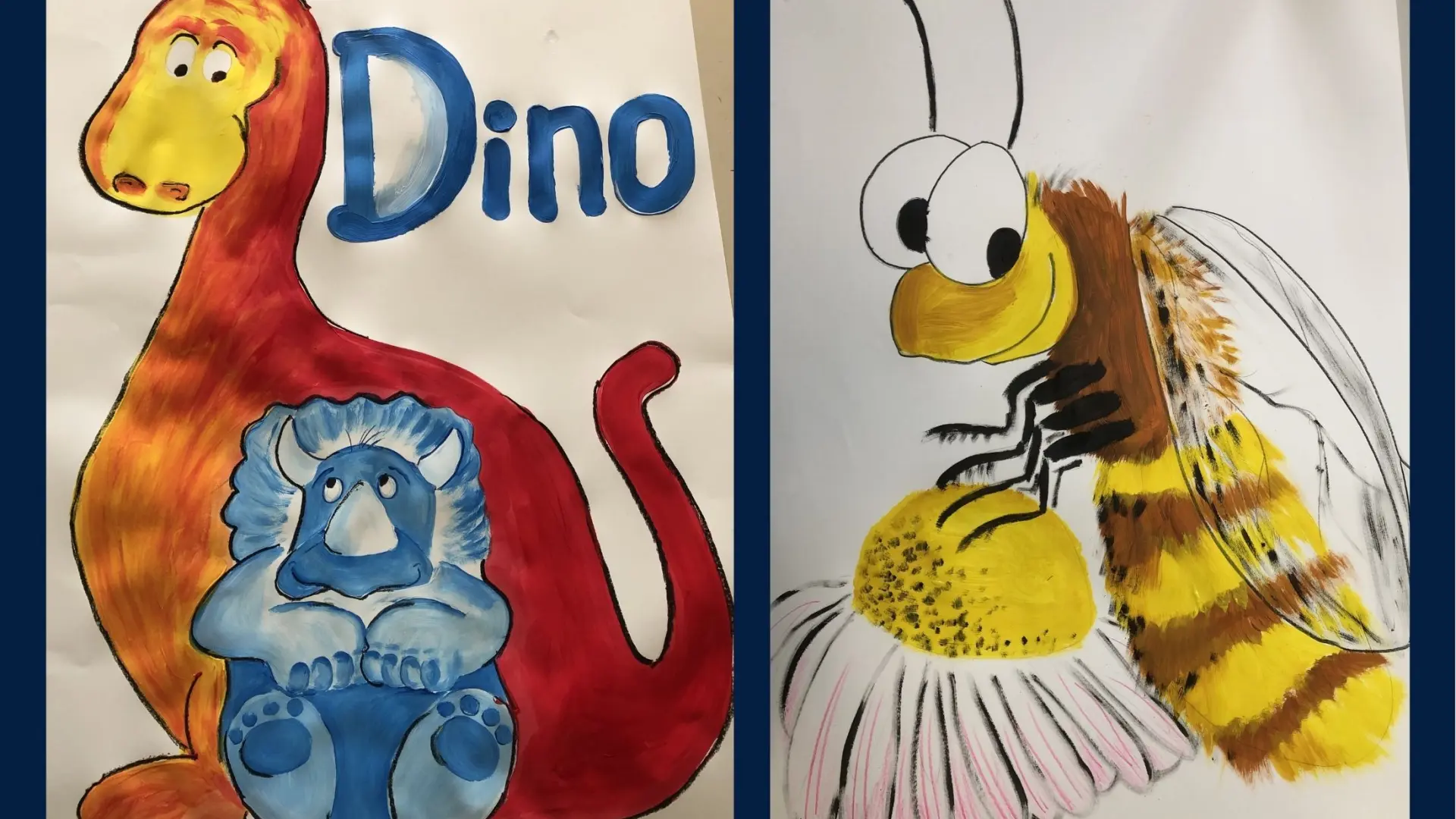 Zwei handgemalte Bilder nebeneinander – links von zwei Dinos, rechts von einer Biene auf einer Margerite