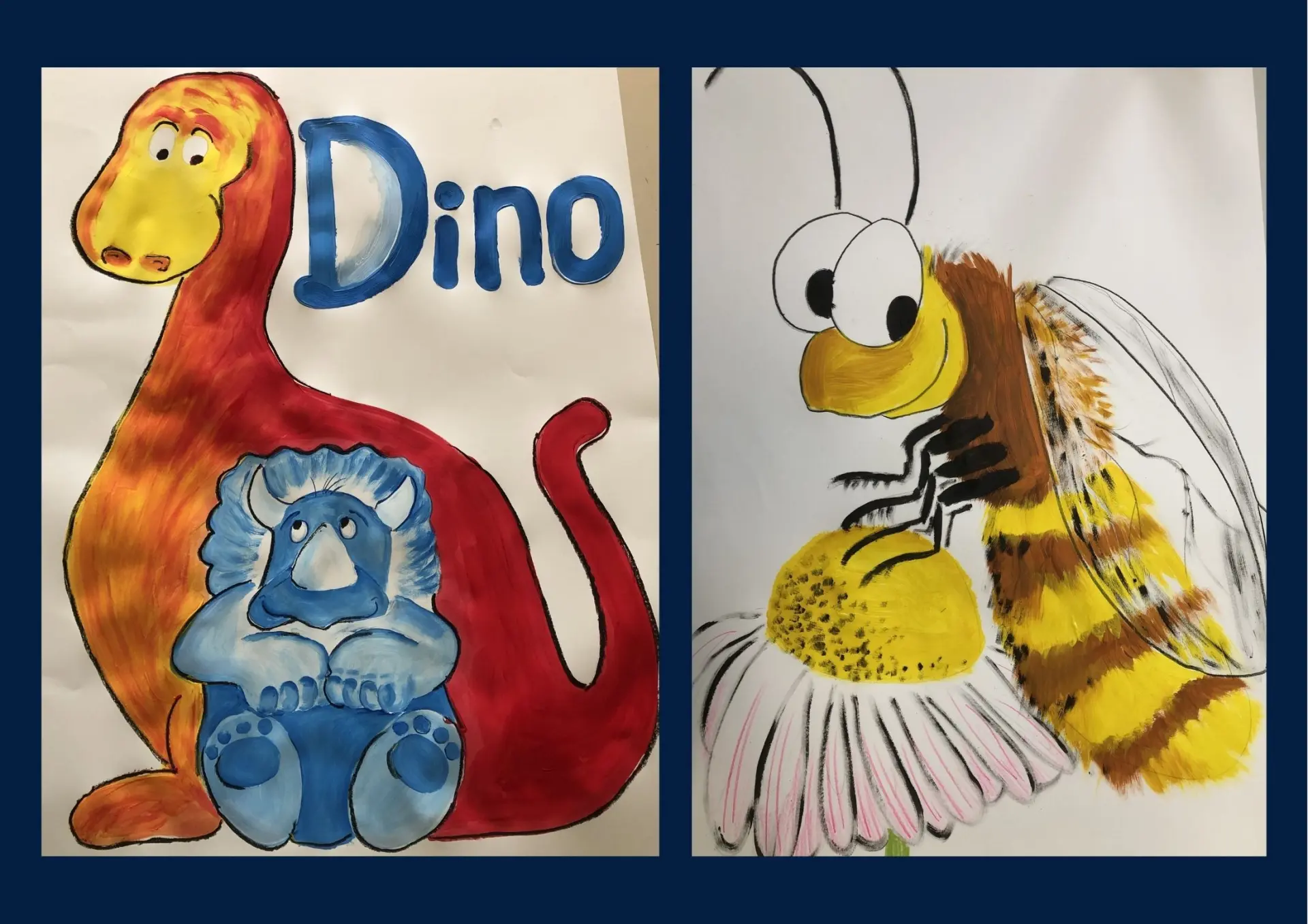 Zwei handgemalte Bilder nebeneinander – links von zwei Dinos, rechts von einer Biene auf einer Margerite
