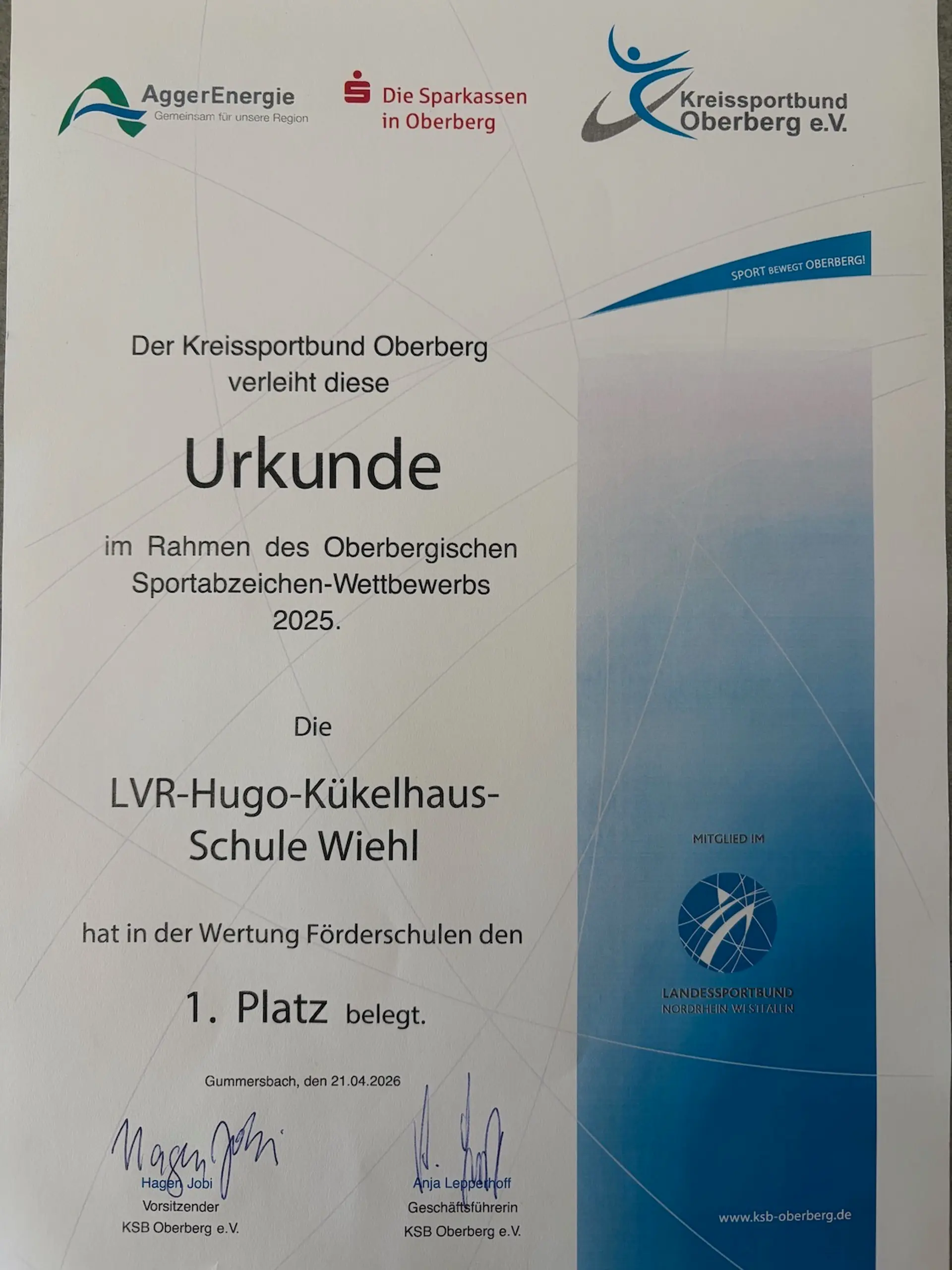 Urkunde zum ersten Platz des Deutschen Sportabzeichens