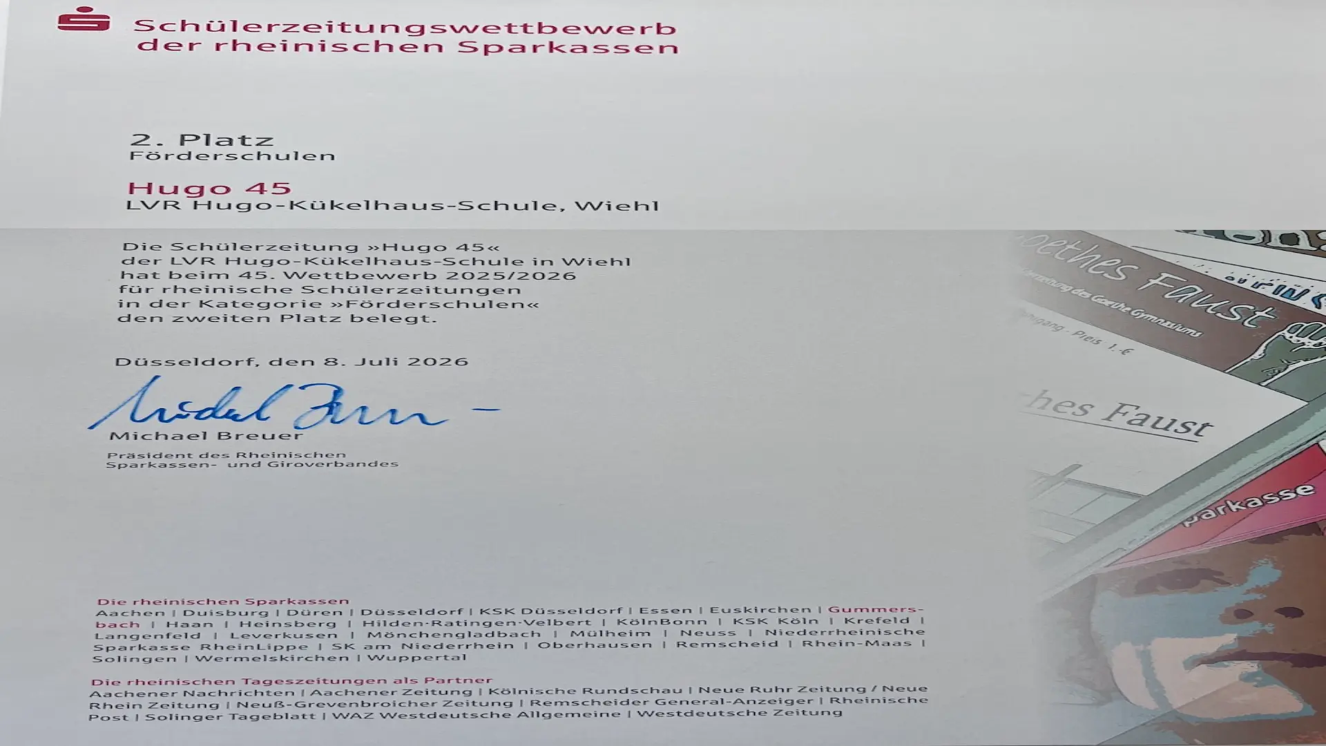 Urkunde zum zweiten Platz der Schülerzeitung Hugo 45 im Schülerzeitungswettbewerb der rheinischen Sparkasse