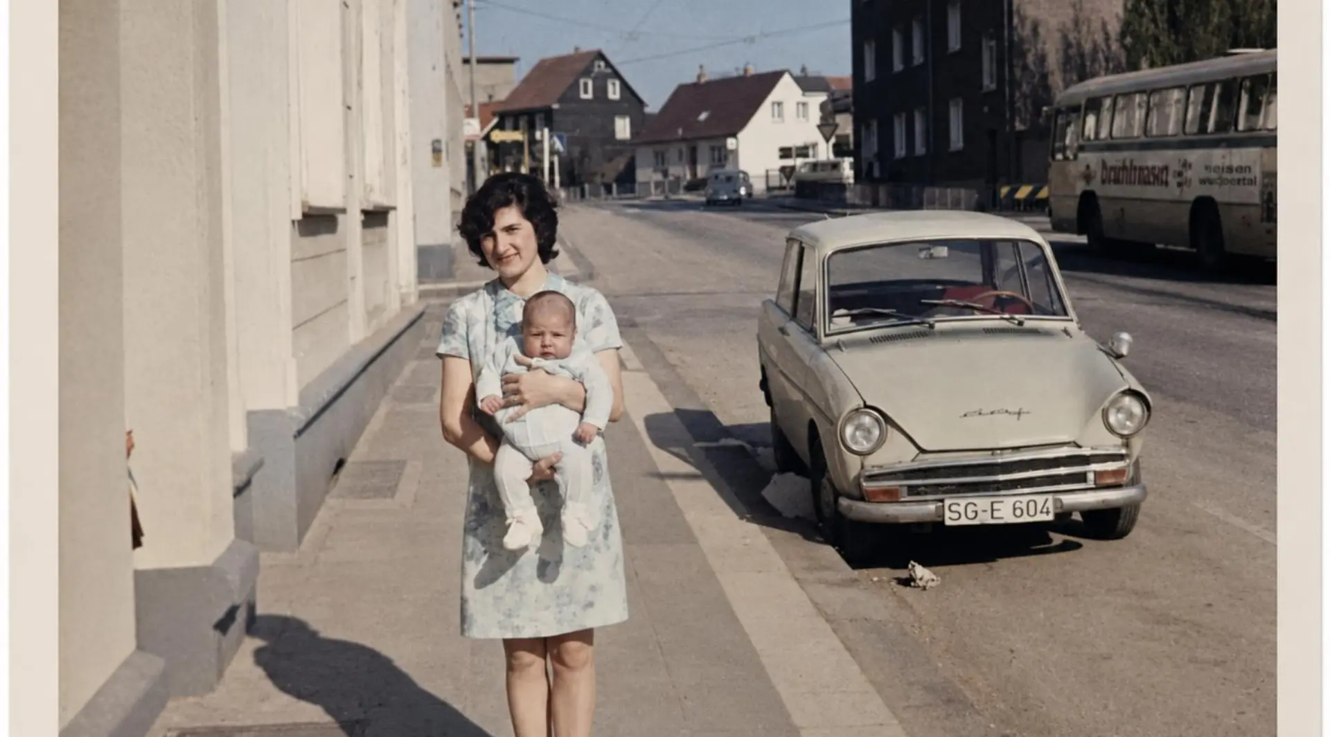 Frau in geblümtem Kleid hält Baby auf einem Bürgersteig neben einem geparkten Oldtimer-Kleinwagen mit deutschem Nummernschild