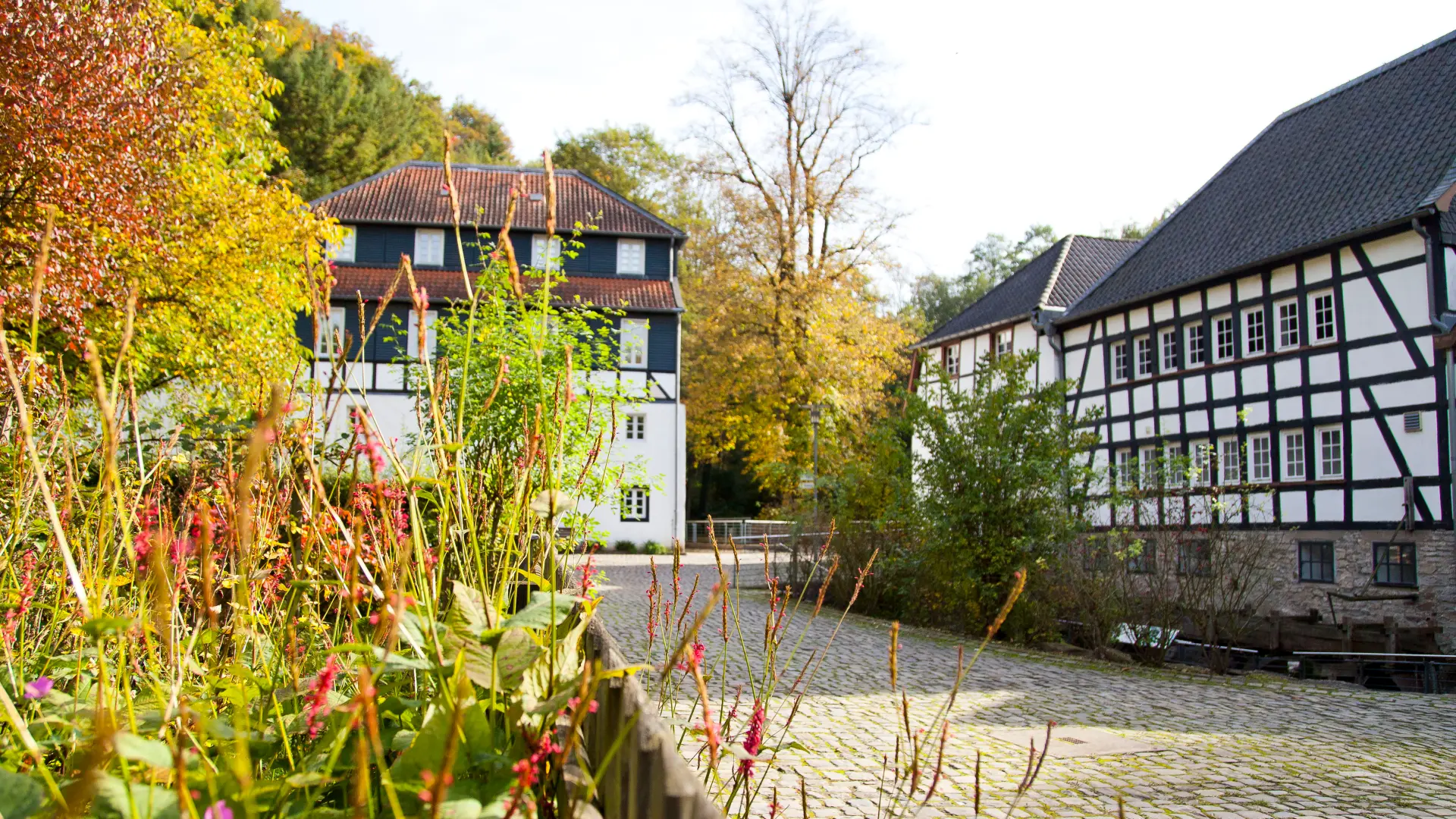 Historisches Gebäude in herbstlicher Umgebung