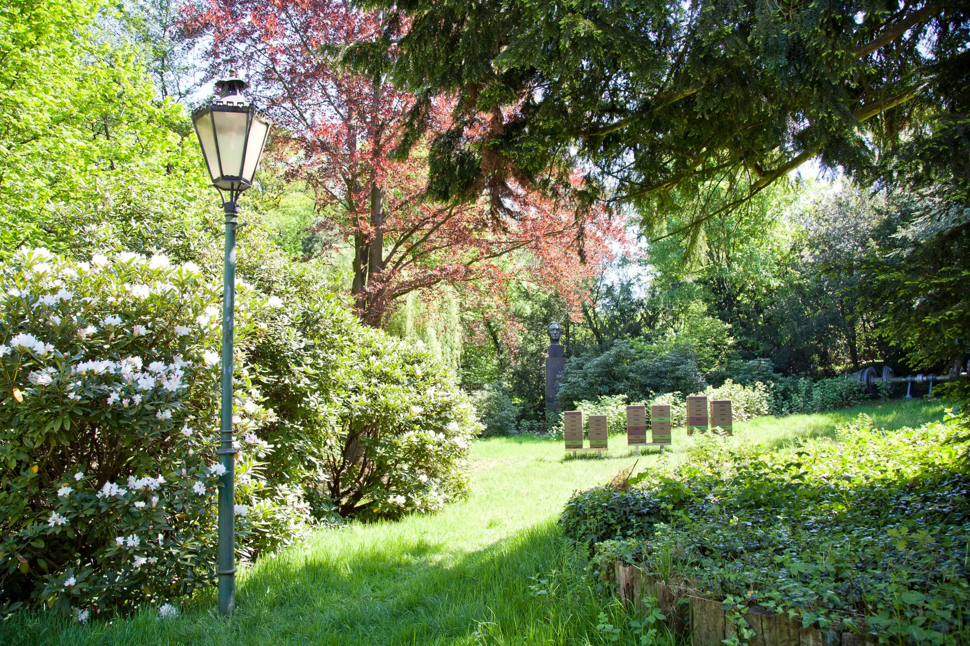 Blick auf eine sommerliche Wiese mit Bienenstöcken