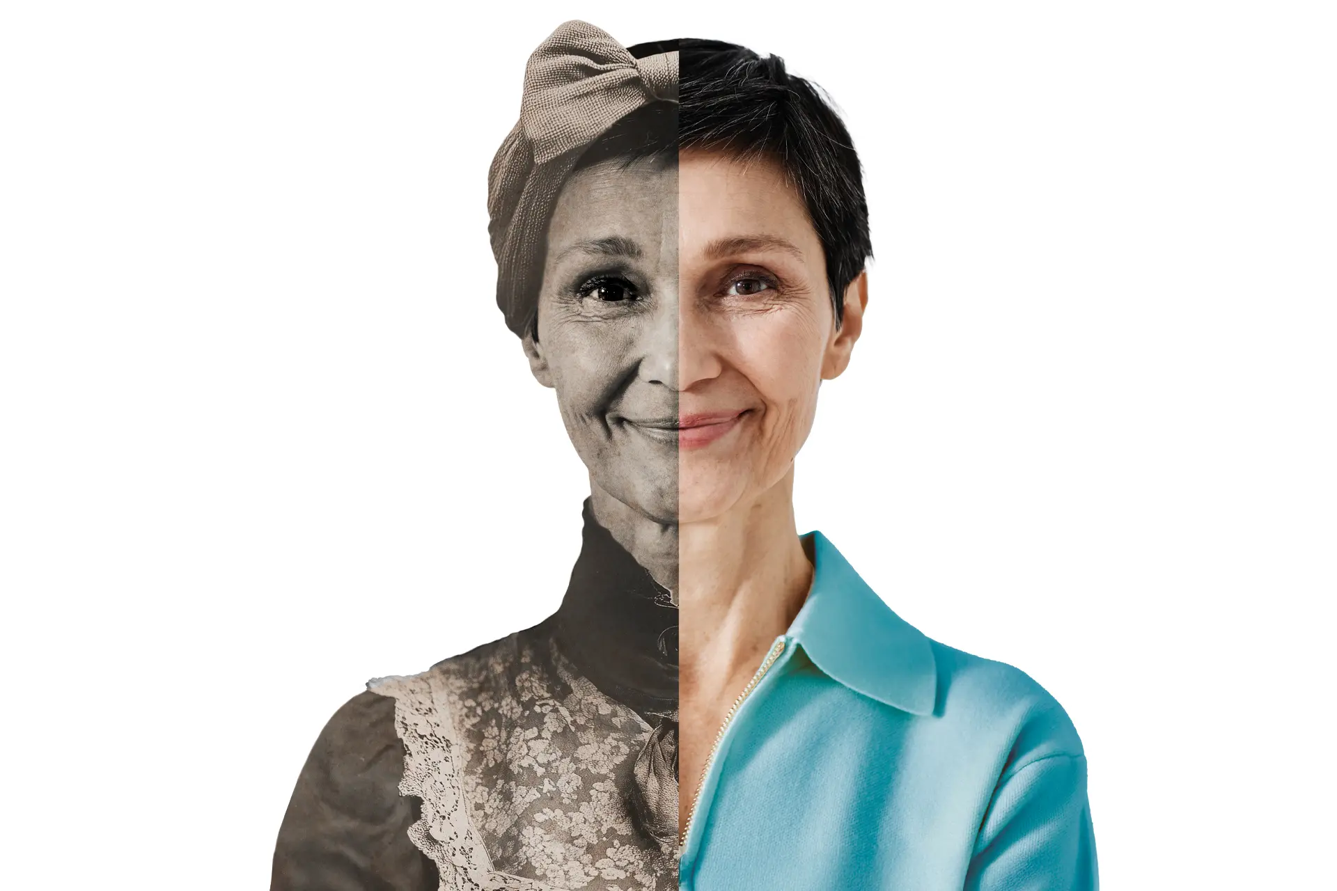 Eine ältere Frau, deren linke Hälfte historisch und rechte Hälfte modern aussieht.