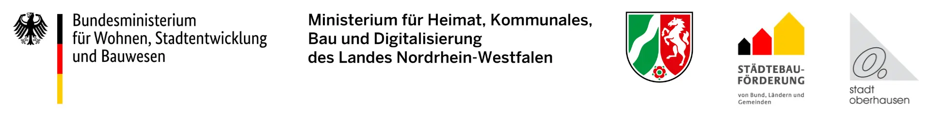 Logos von Bundesministerium für Wohnen, Stadtentwicklung und Bauwesen / Ministerium für Heimat, Kommunales, Bau und Digitalisierung des Landes Nordrhein-Westfalen / Städtebau Förderung von Bund, Ländern und Gemeinden / Stadt Oberhausen