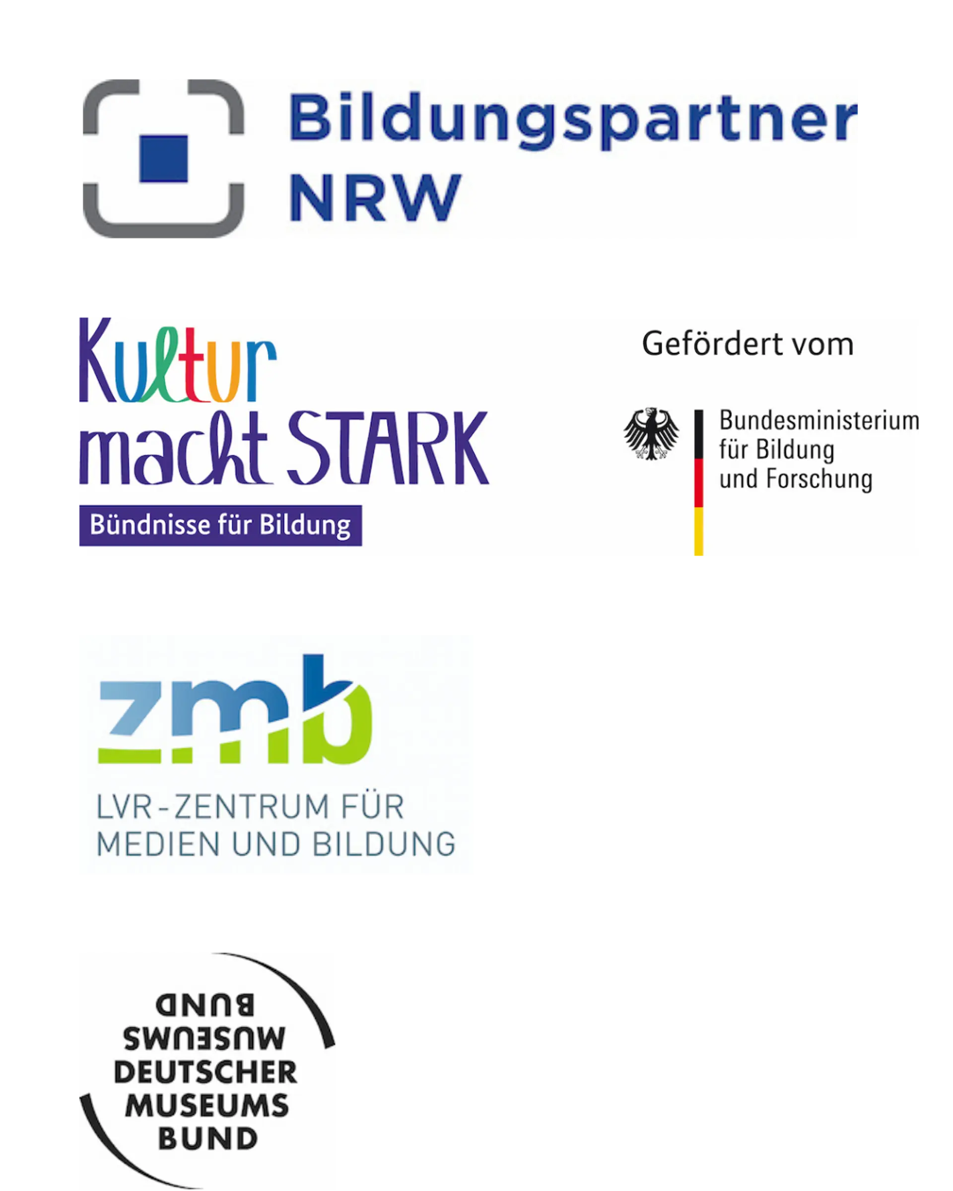 Vier Logos von Bildungspartner NRW / Kultur macht stark / LVR-ZMB / Deutscher Museumsbund.