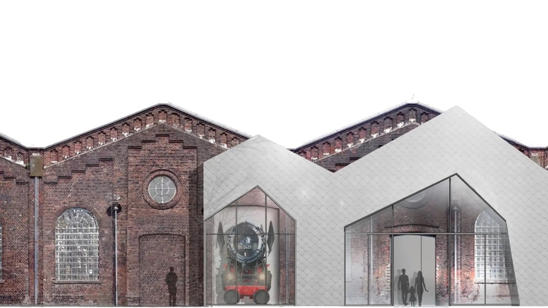 Mock Up eines gläsernen Doppelgiebels vor einer Steinwand.