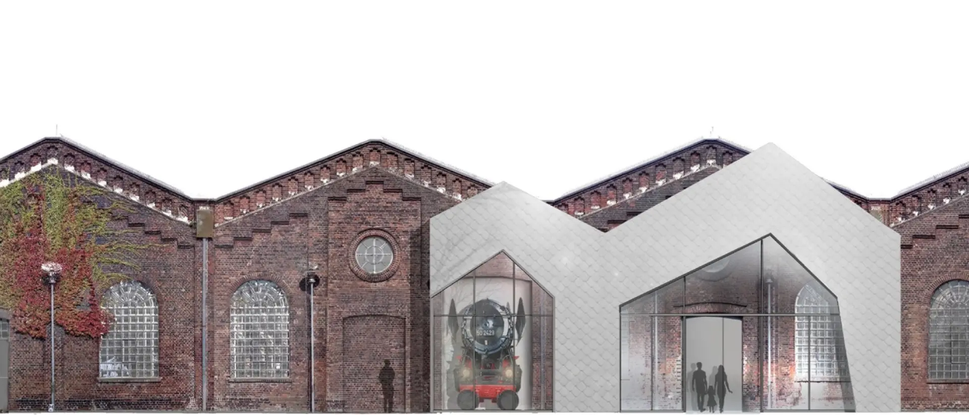 Mock Up eines gläsernen Doppelgiebels vor einer Steinwand.