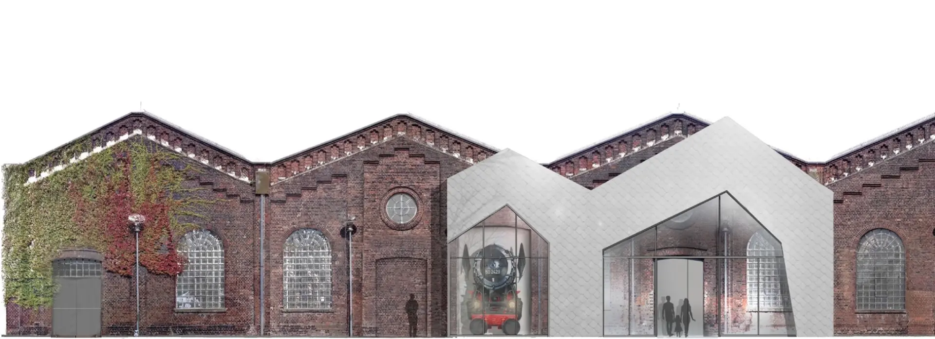 Mock Up eines gläsernen Doppelgiebels vor einer Steinwand.