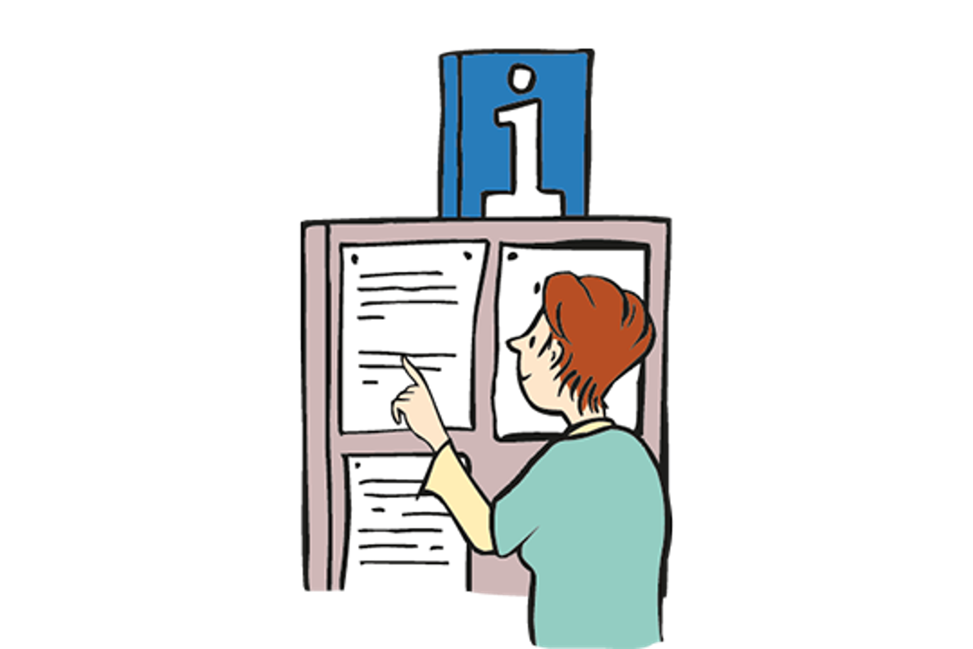 Grafik von einem Mädchen, das vor einer Infowand steht 