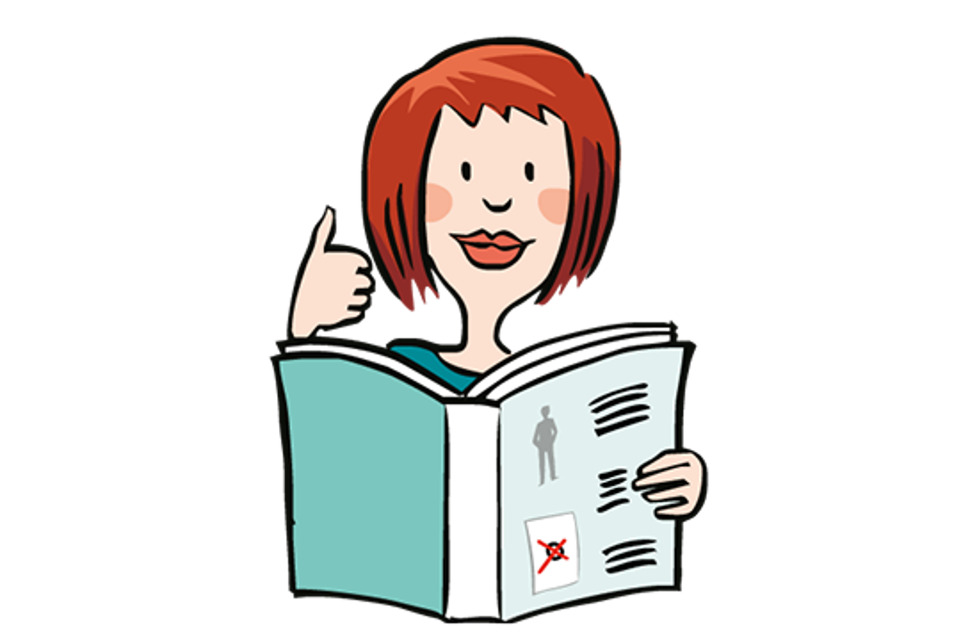 Eine Frau hält ein Buch und zeigt einen Daumen nach oben