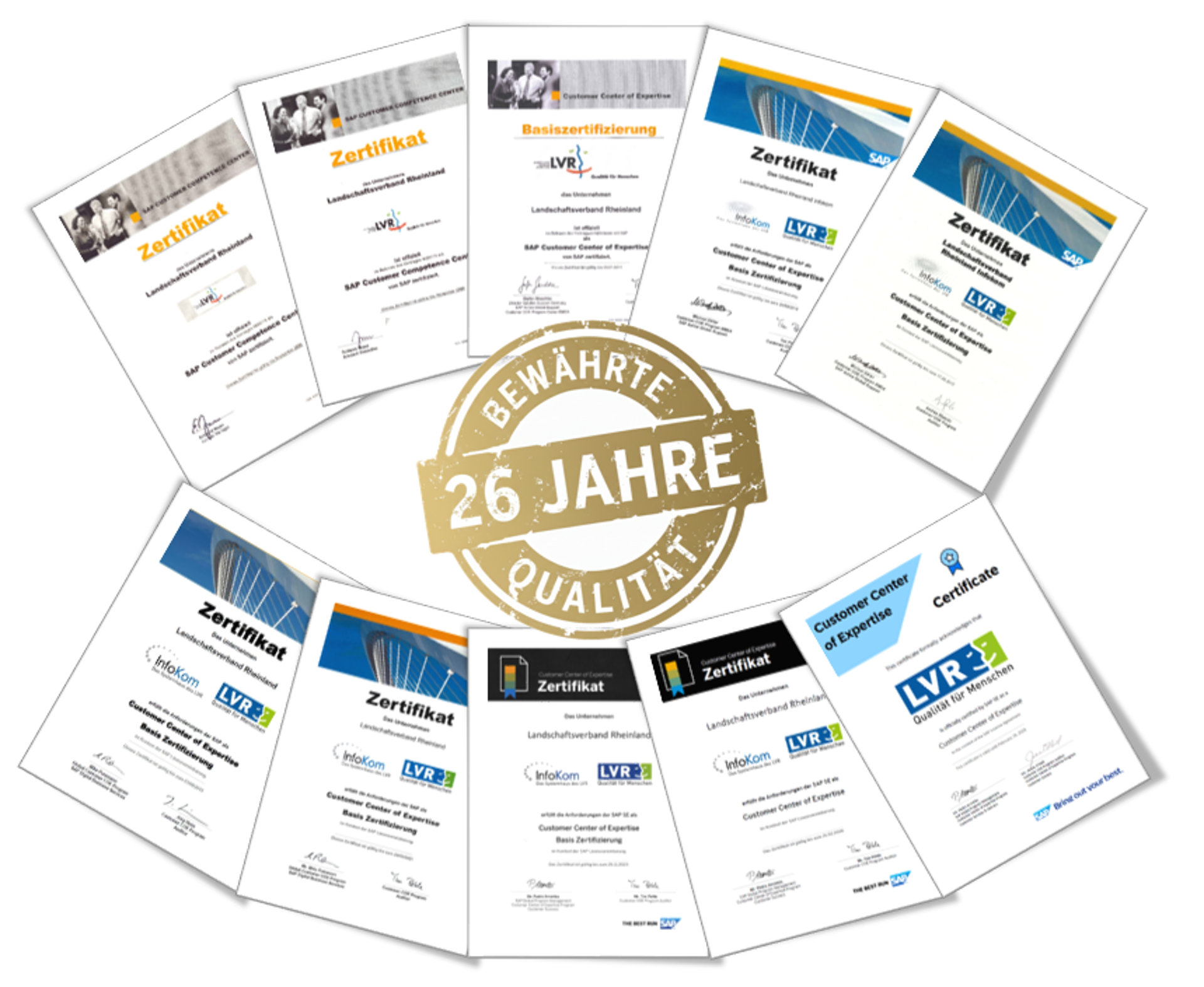 Bildcollage aus mehreren SAP CCoE-Zertifikaten mit dem Titel "26 Jahre bewährte Qualität"