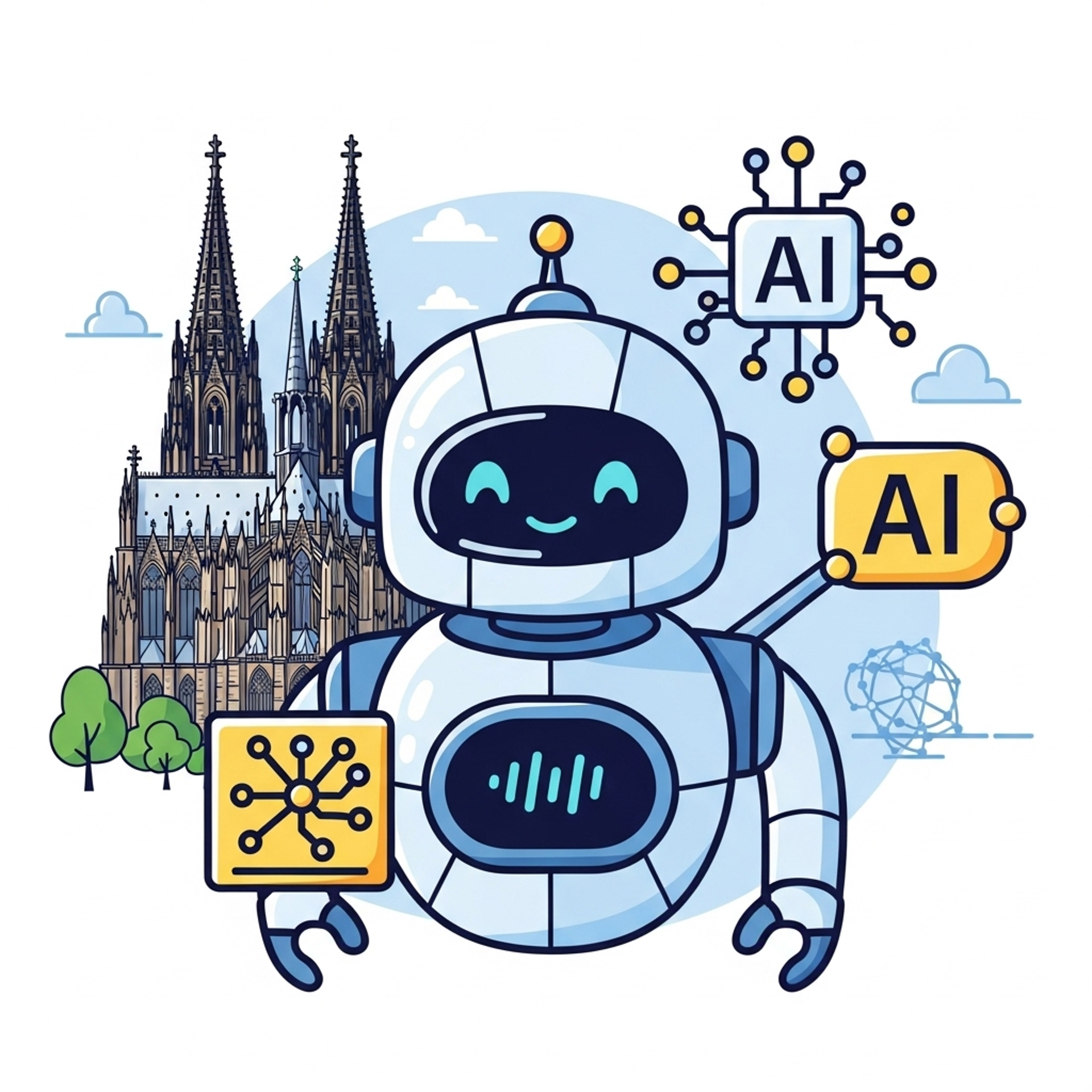 Ein Roboter vor dem Kölner Dom, mit Sprechblasen, in denen AI steht