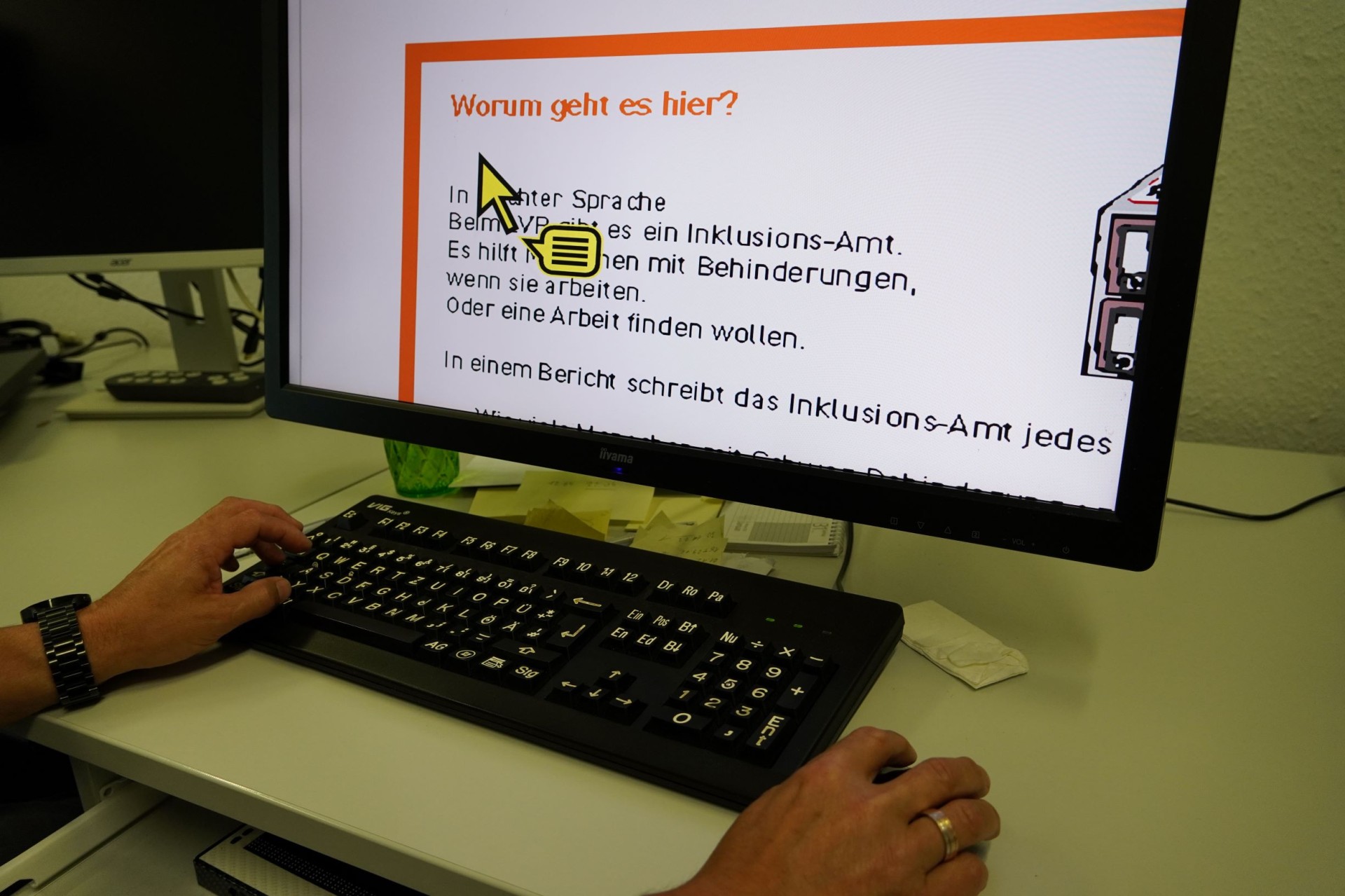 Auf einem Monitor ist der Einsatz einer Vergrößerungssoftware zu erkennen.