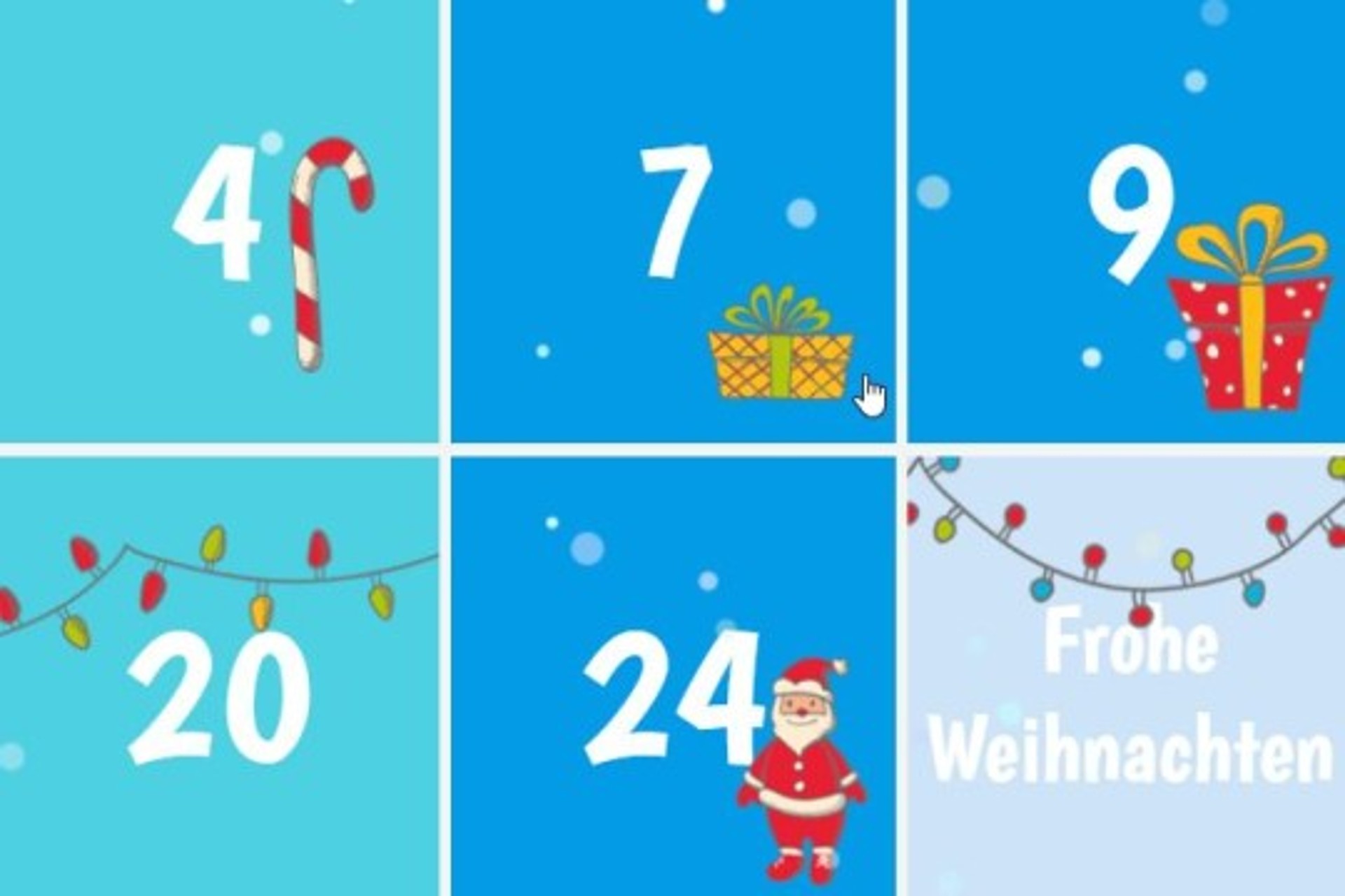 6 Quadrate mit den Zahlen 4,7,9,20,24, Frohe Weihnachten