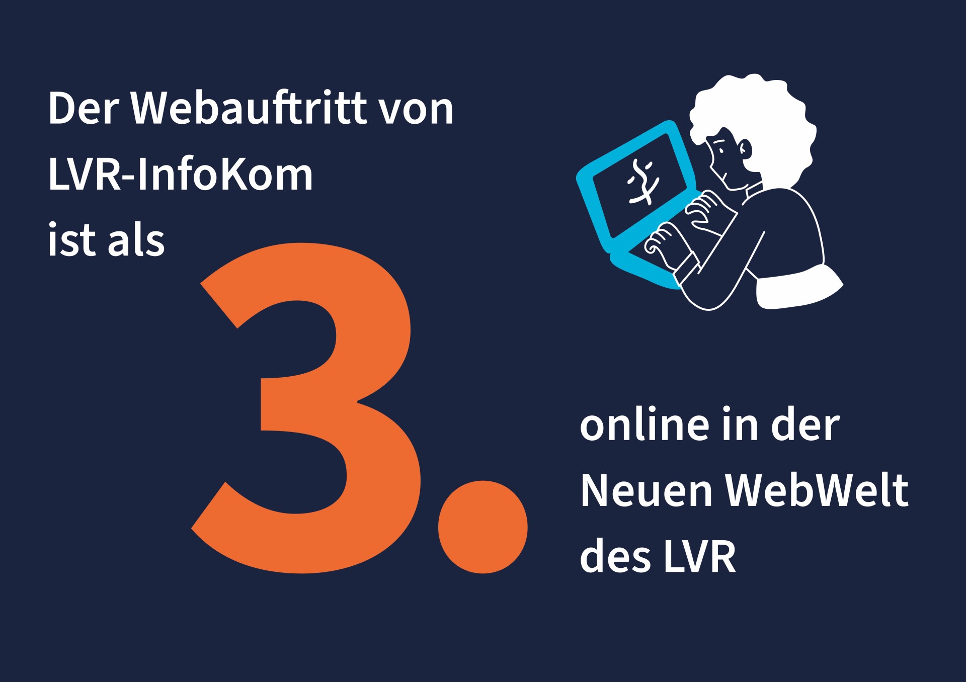 Illustration von einer Frau am Laptop. Darauf der Text: Der Webauftritt von LVR-InfoKom ist als dritter online in der neuen Webwelt des LVR.