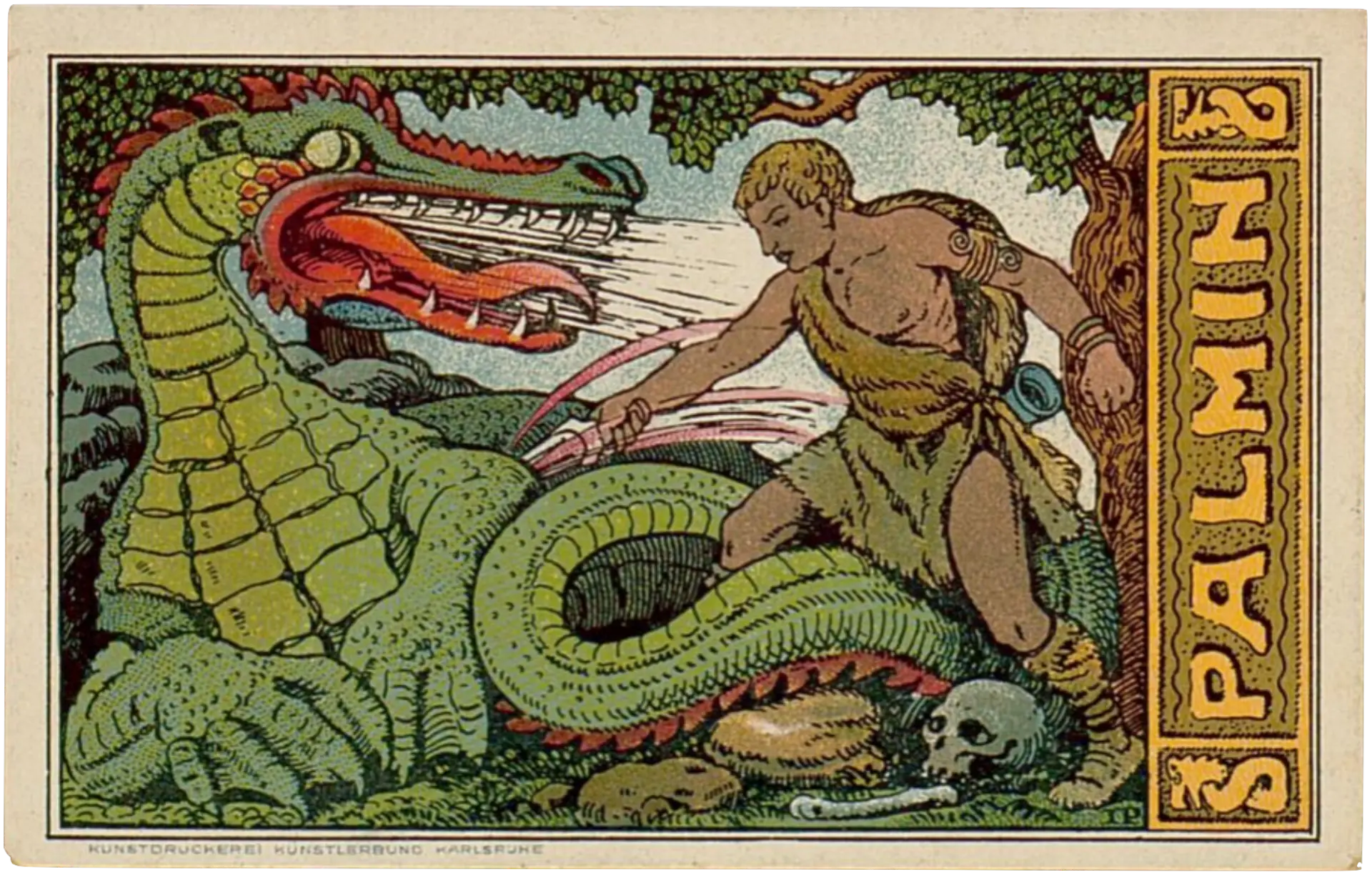 Siegfried auf Pferd, mit Schild als Palmin Bild, dass seinen Einzug in Worms darstellt.
