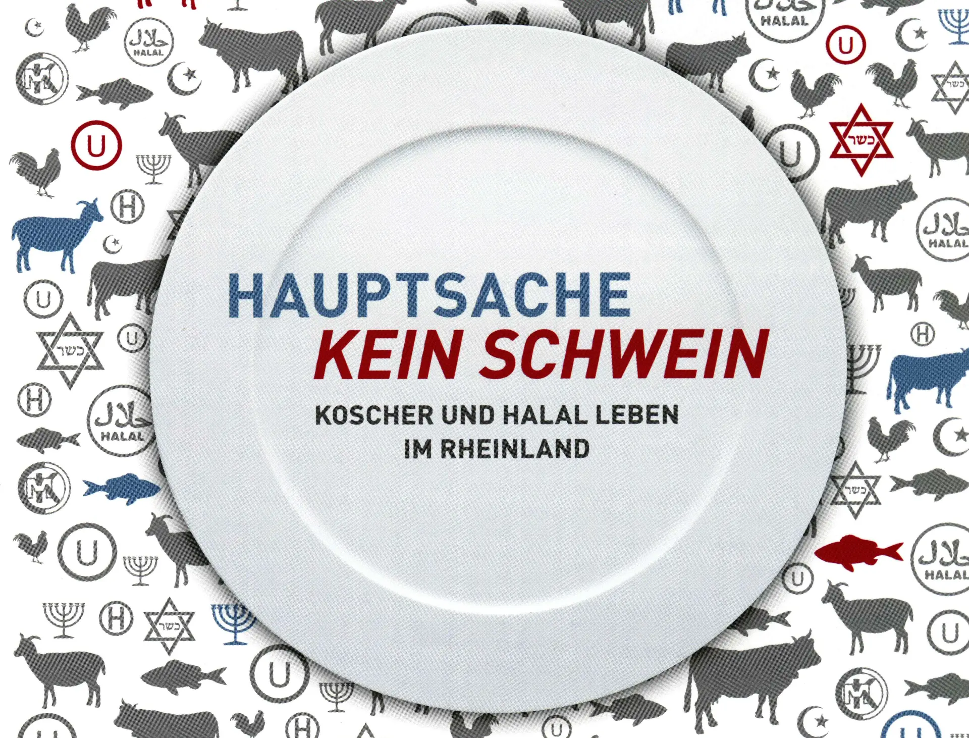 Flimcover mit Titel "Hauptsache kein Schwein. Koscher und Halal leben im Rheinland", drumherum Grafiken von Rindern in unterschiedlicher Größe und Farbe