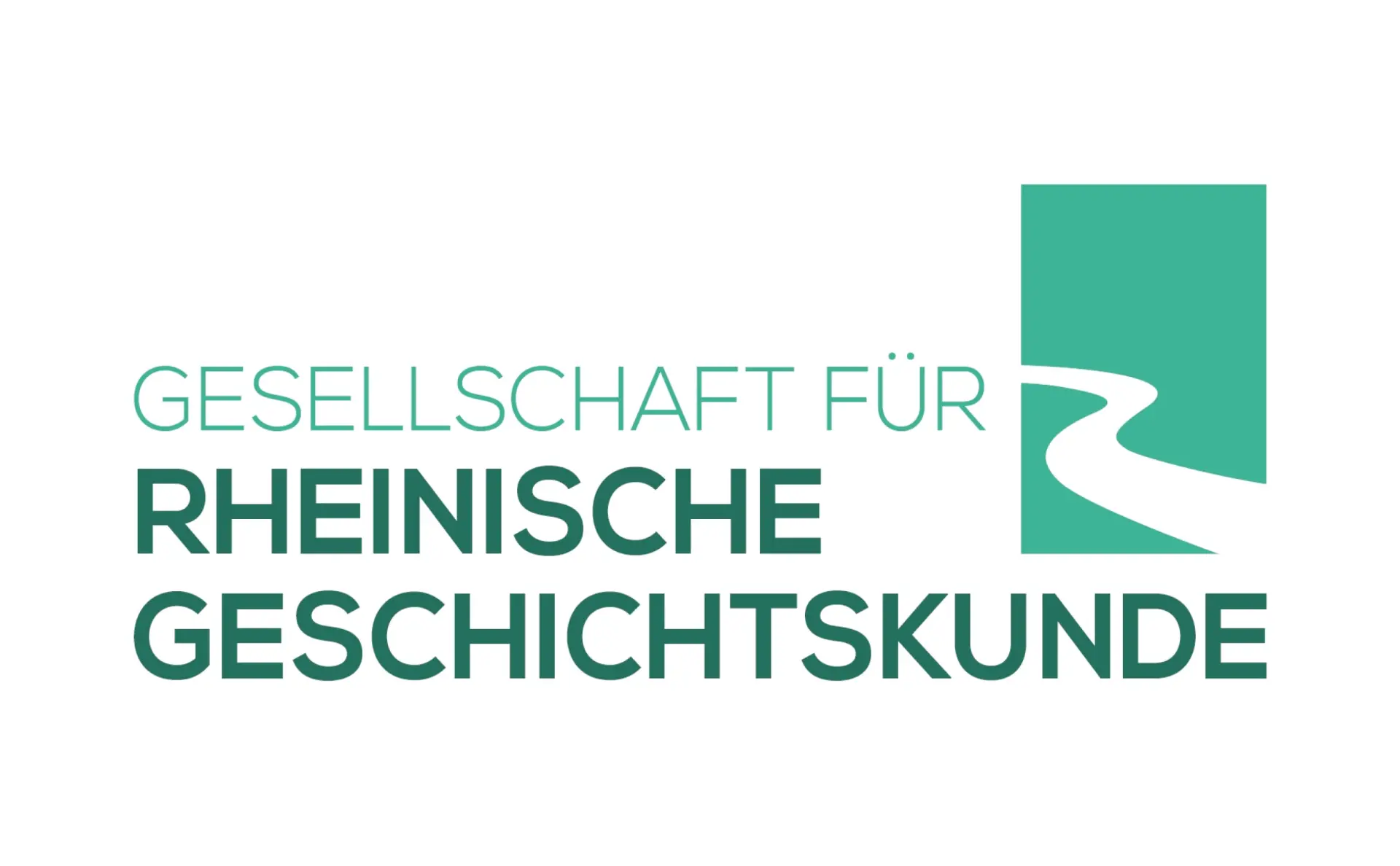 Logo der Gesellschaft für Rheinische Geschichtskunde: Name als Text, rechts davon Rheinverlauf in weißer Farbe auf grünem Viereck