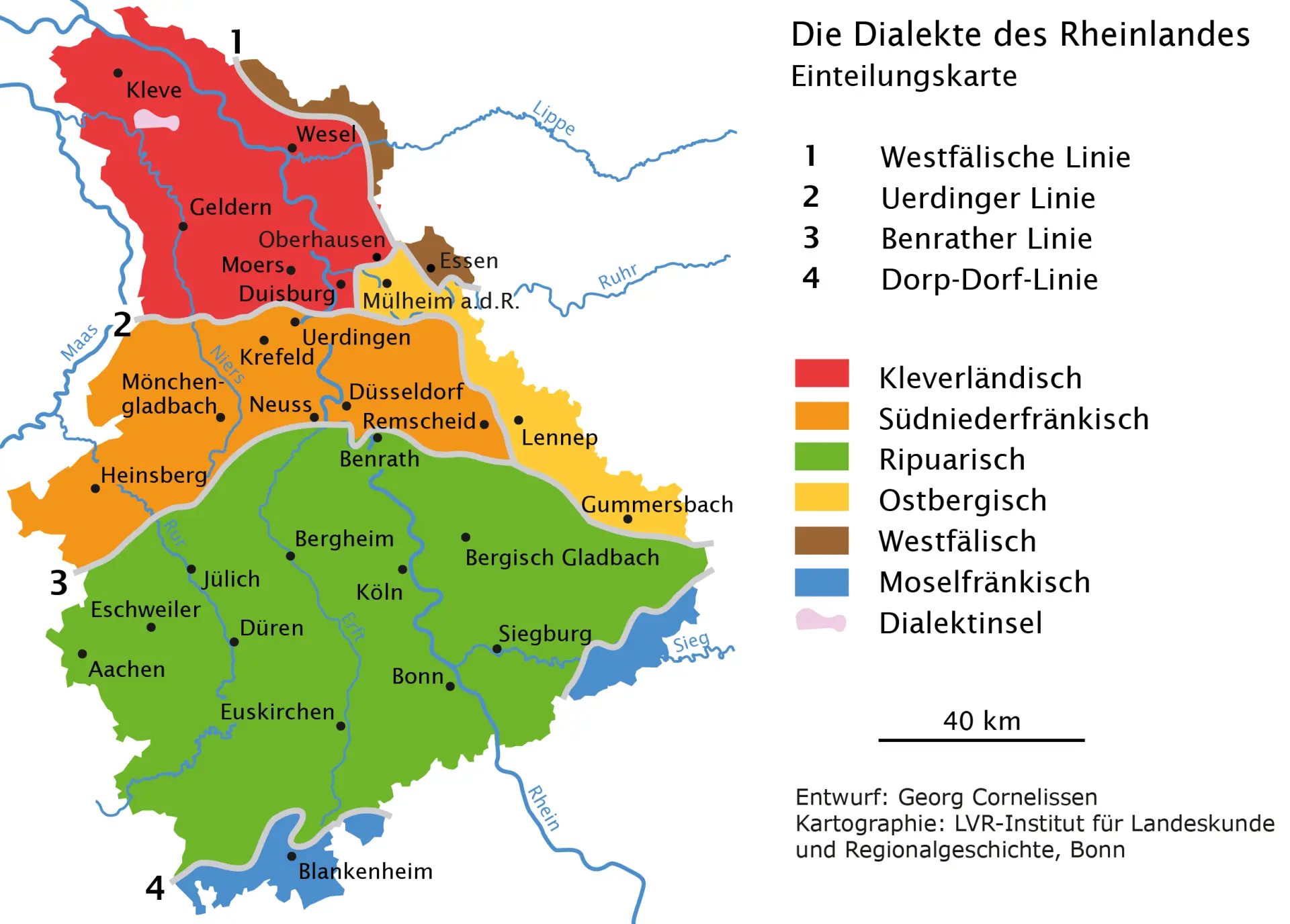 Die Karte zeigt die Dialektgebiete des Rheinlandes sowie die Dialektgrenzen. 