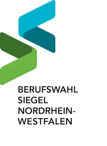  Logo mit der schwarzen Aufschrift "Berufswahlsiegel Nordrhein-Westfalen" auf weißem Grund, oben rechts zwei illustrierte Pfeile in grün und blau