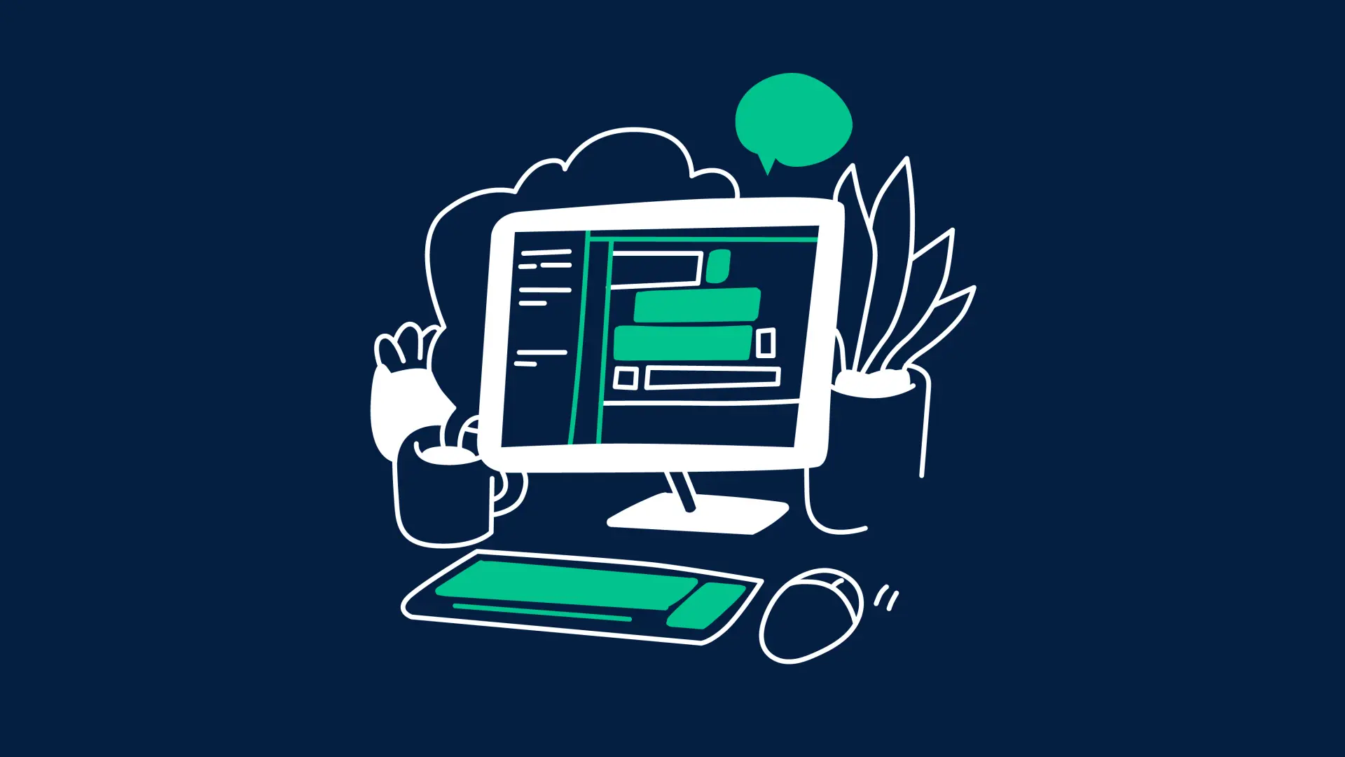 Illustration: Computer mit Tastatur und Maus auf blauem Hintergrund