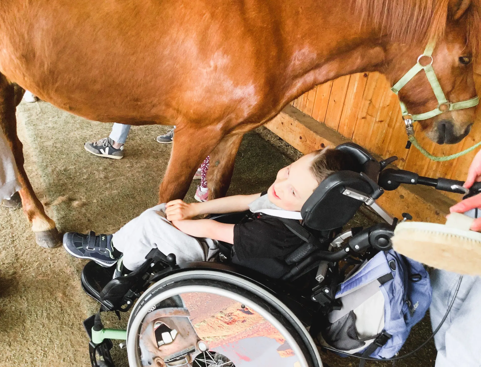 Therapeutisches Reiten: Kind im Rollstuhl bei der Reittherapie