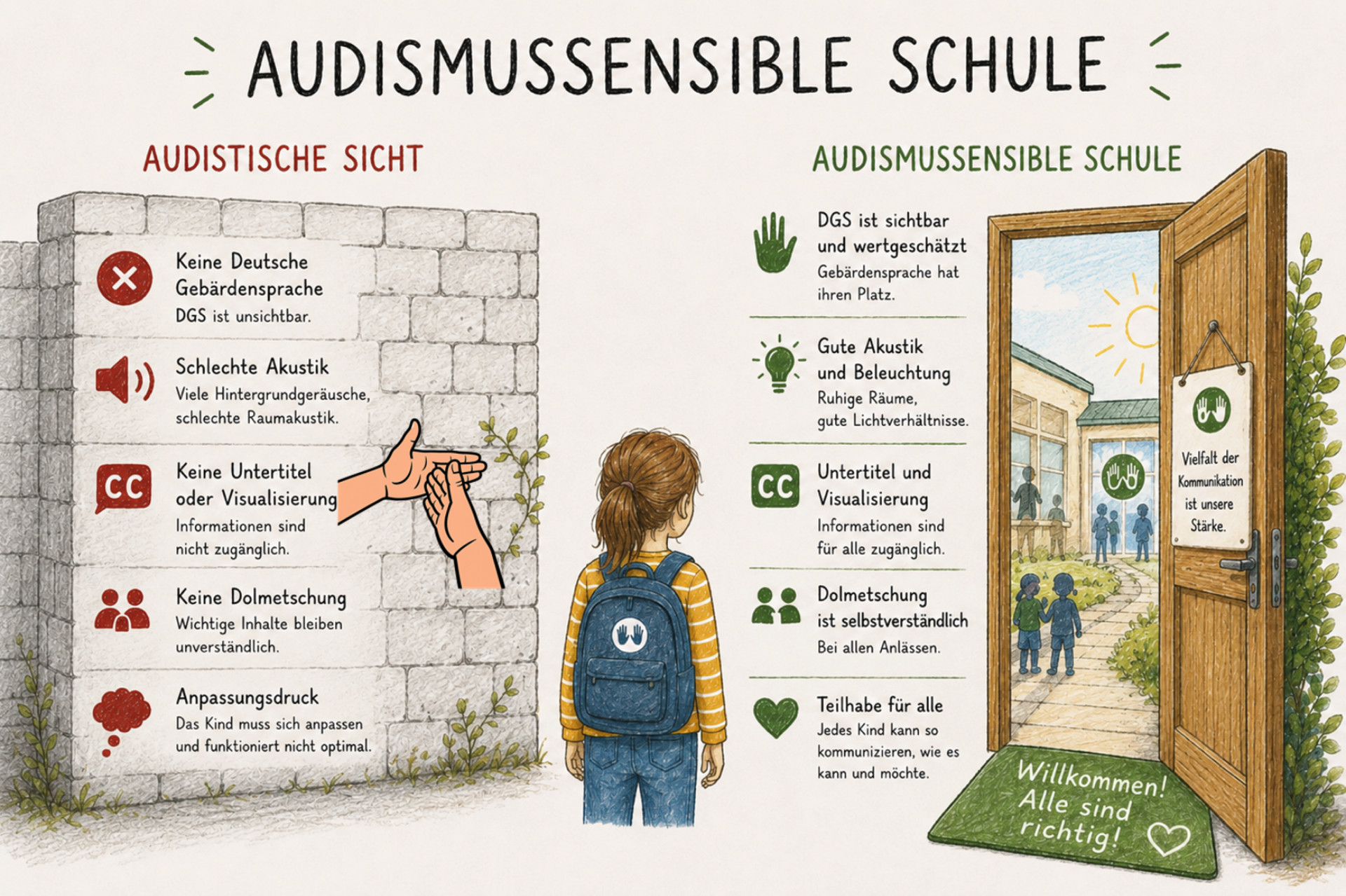 Grafik zur Gegenüberstellung einer audistischen Sicht und einer audismussensiblen Schule. Text oberhalb.