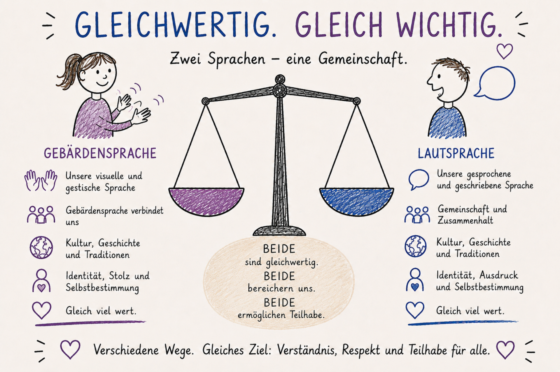Grafik mit Titel: Gleichwertig. Gleich wichtig. Text unterhalb.