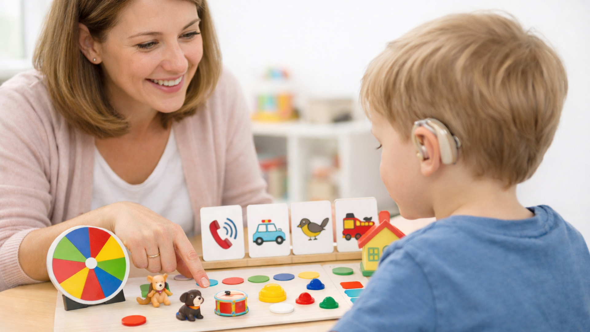 KI-generiertes Foto einer Fördersituation mit einem Kindergarten Kind. Kind rechts vorne im Bild, Frühförderin links hinten. Dazwischen ein Tisch mit spielerischem Fördermaterial. Sicht zeigt über die linke Schulter des Kindes mit Hörgerät auf die lächelnde Frühförderin.