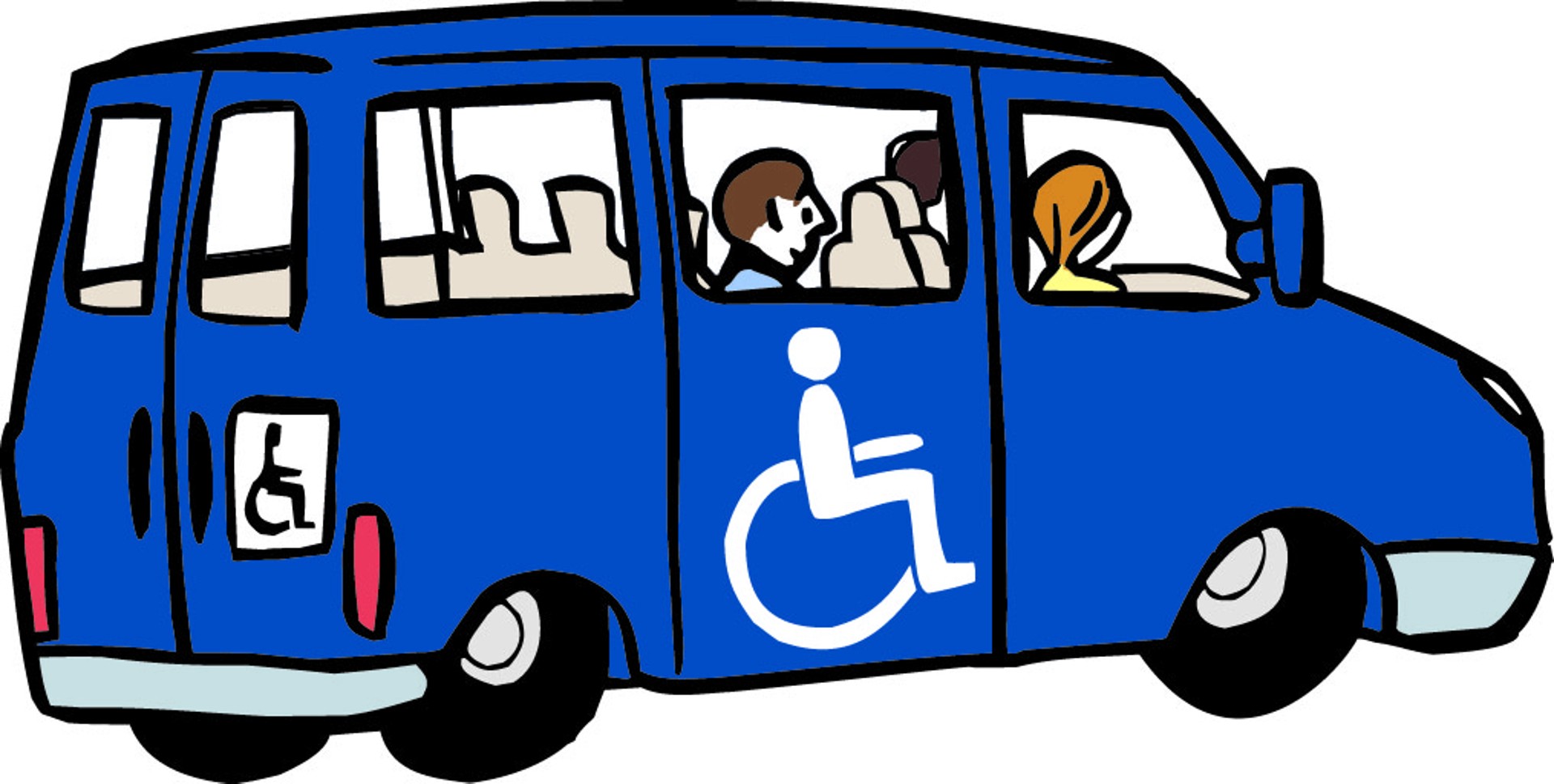 Ein blauer Kleinbus mit Rollstuhlsymbol an der Seite, der auf einen behindertengerechten Transport hinweist. Im Fahrzeug sitzen mehrere Personen.