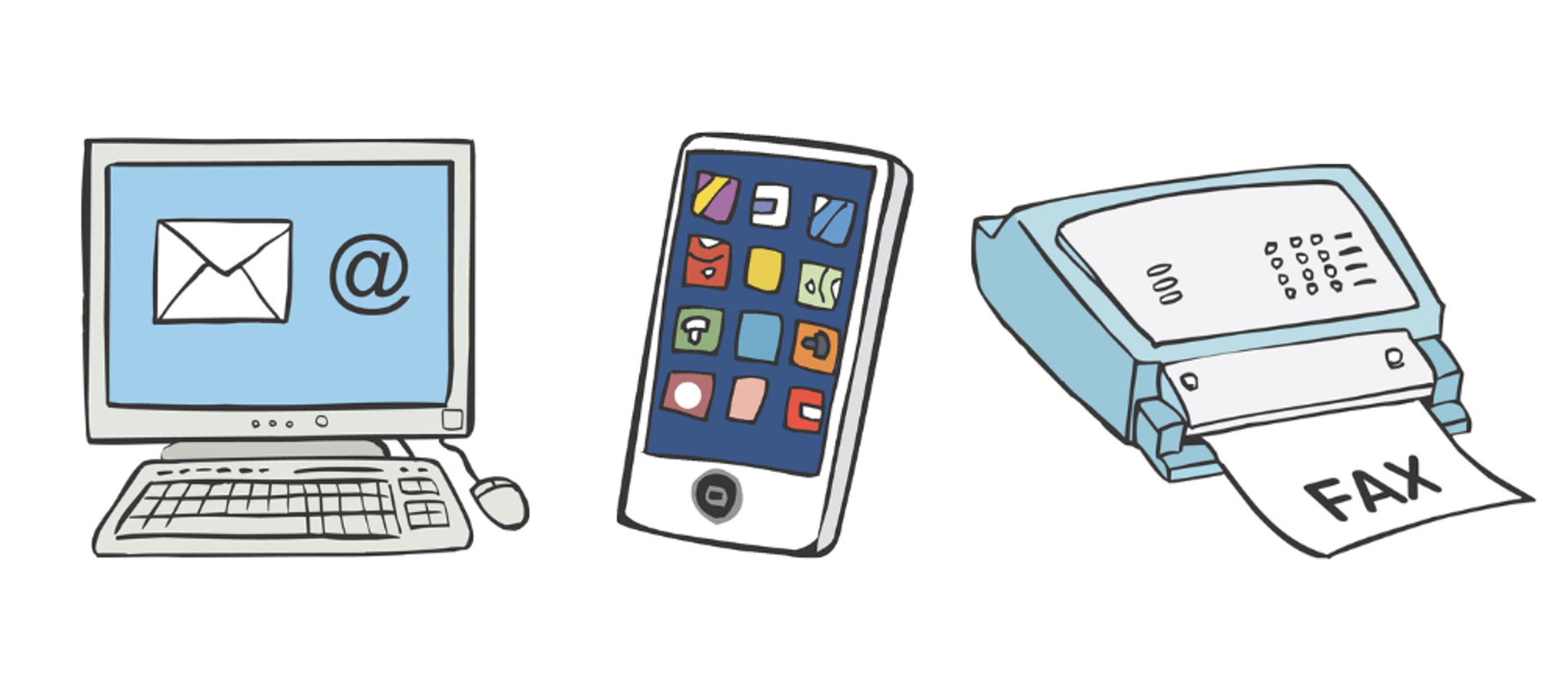 Eine Sammel-Illustration, auf der ein Computer mit einem E-Mail-Symbol am Monitor, ein Smartphone und ein Faxgerät zu sehen sind.